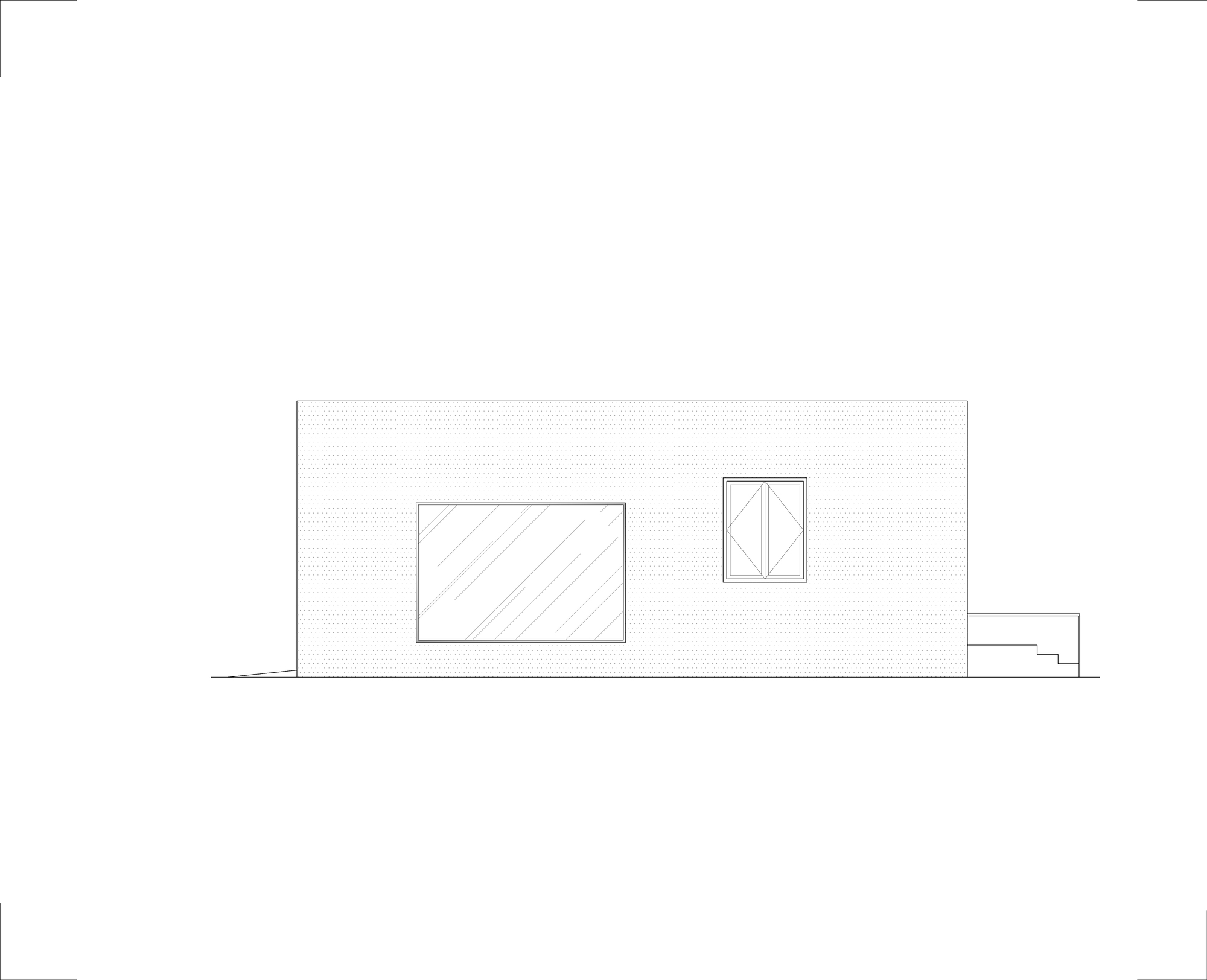 Elevation drawing of a flat-roofed brick volume with one large glazed opening, a small casement window and a short stair at right