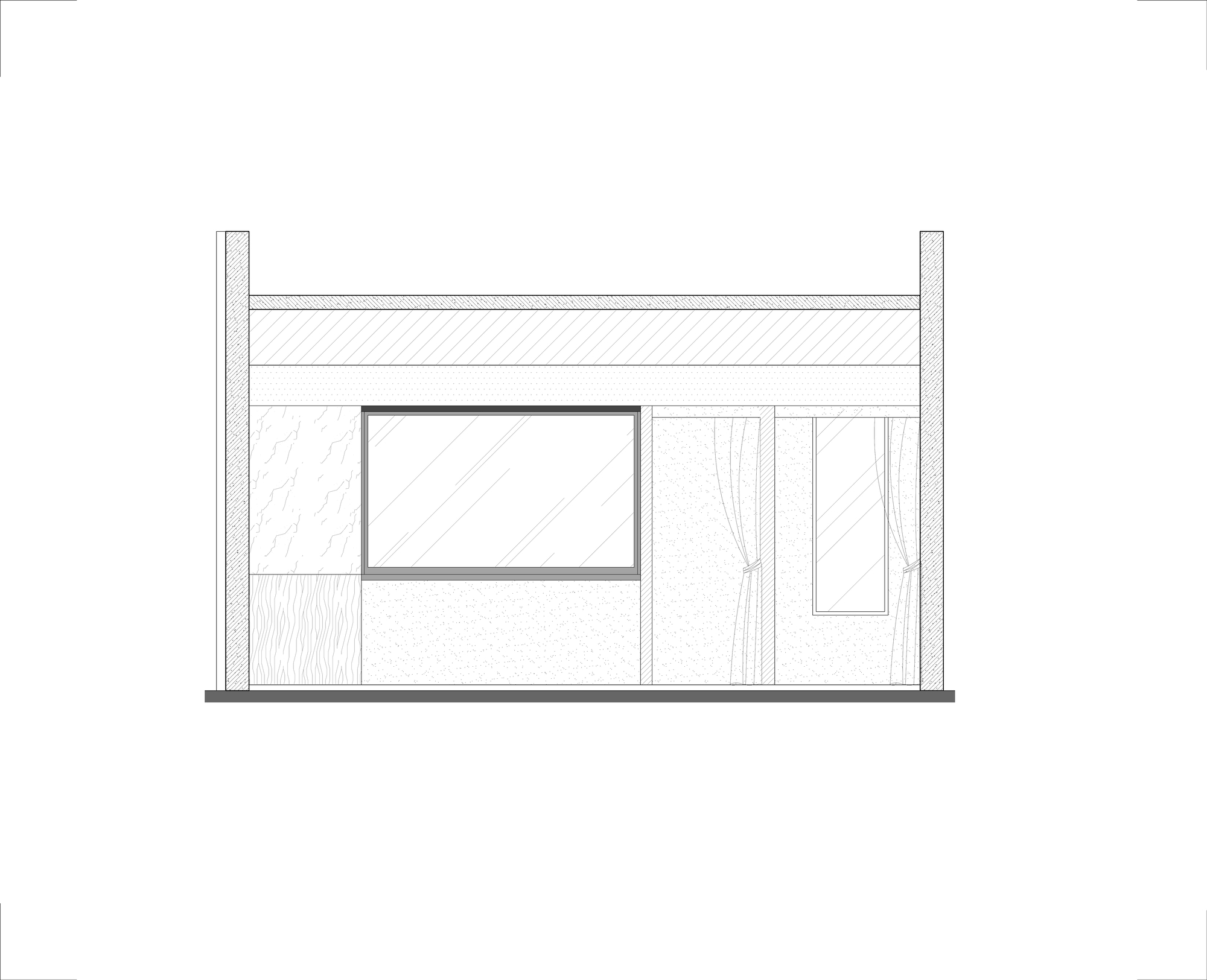 Interior elevation drawing showing a framed picture window, tied-back curtains and a tall narrow window between two thick end walls