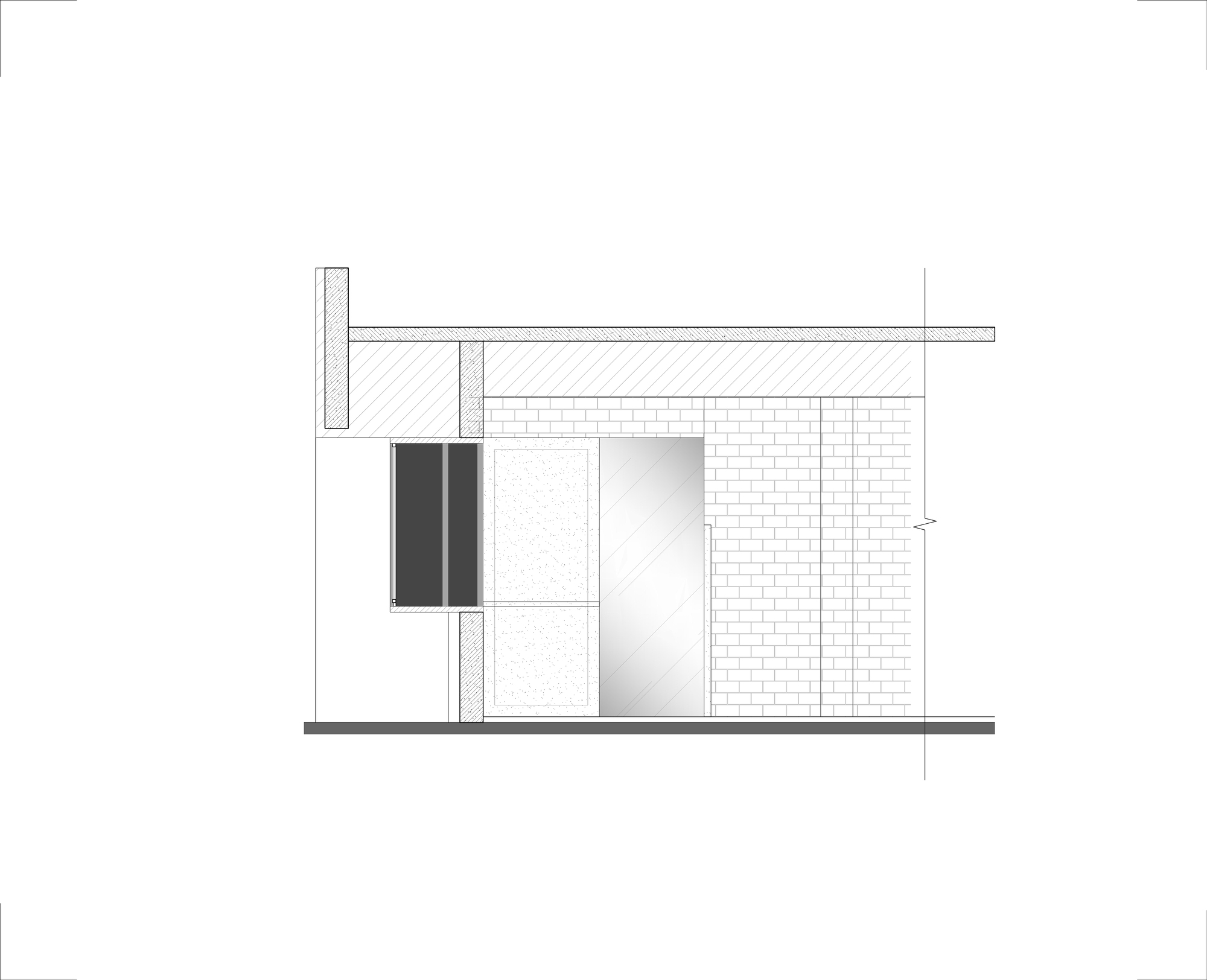 Section drawing through a wall and flat roof slab, showing brick coursing, a sliding glass panel and dark shutters at left