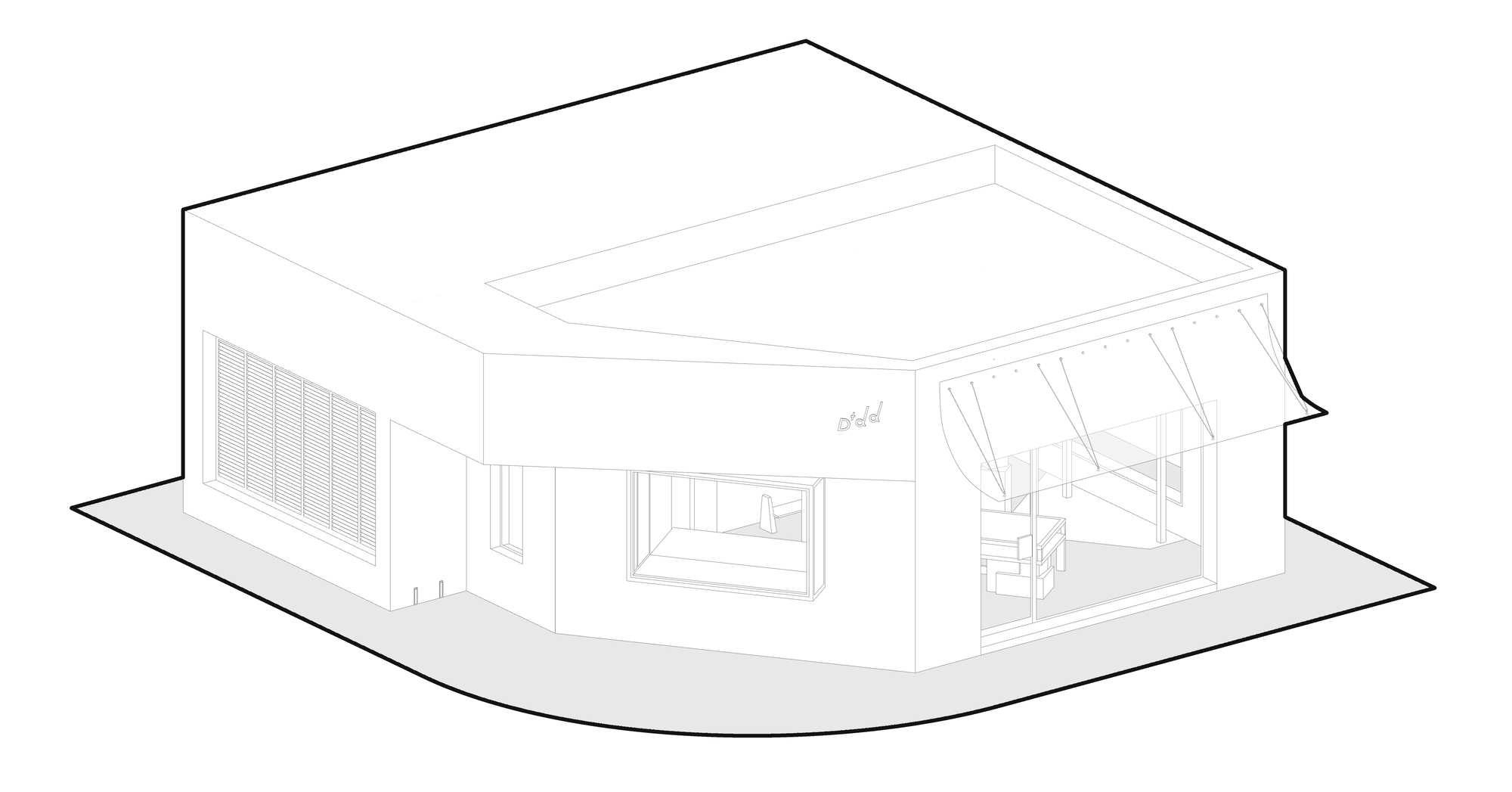 Axonometric drawing of a single-storey corner building with louvred panel at left and a canopy-covered glazed corner showing furniture inside