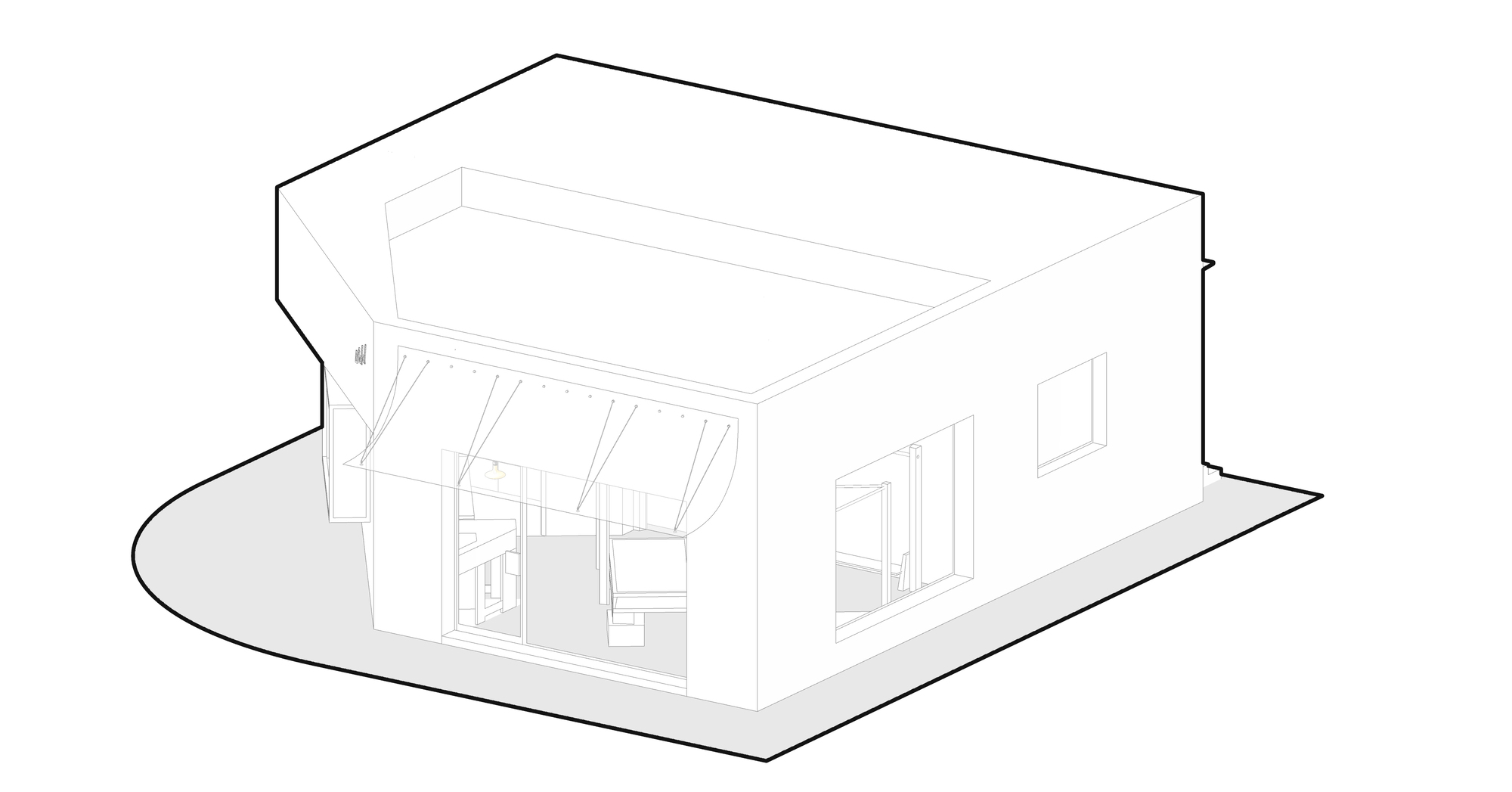 Axonometric drawing of the same low building from the opposite corner, with an angled awning over glazing and two side windows