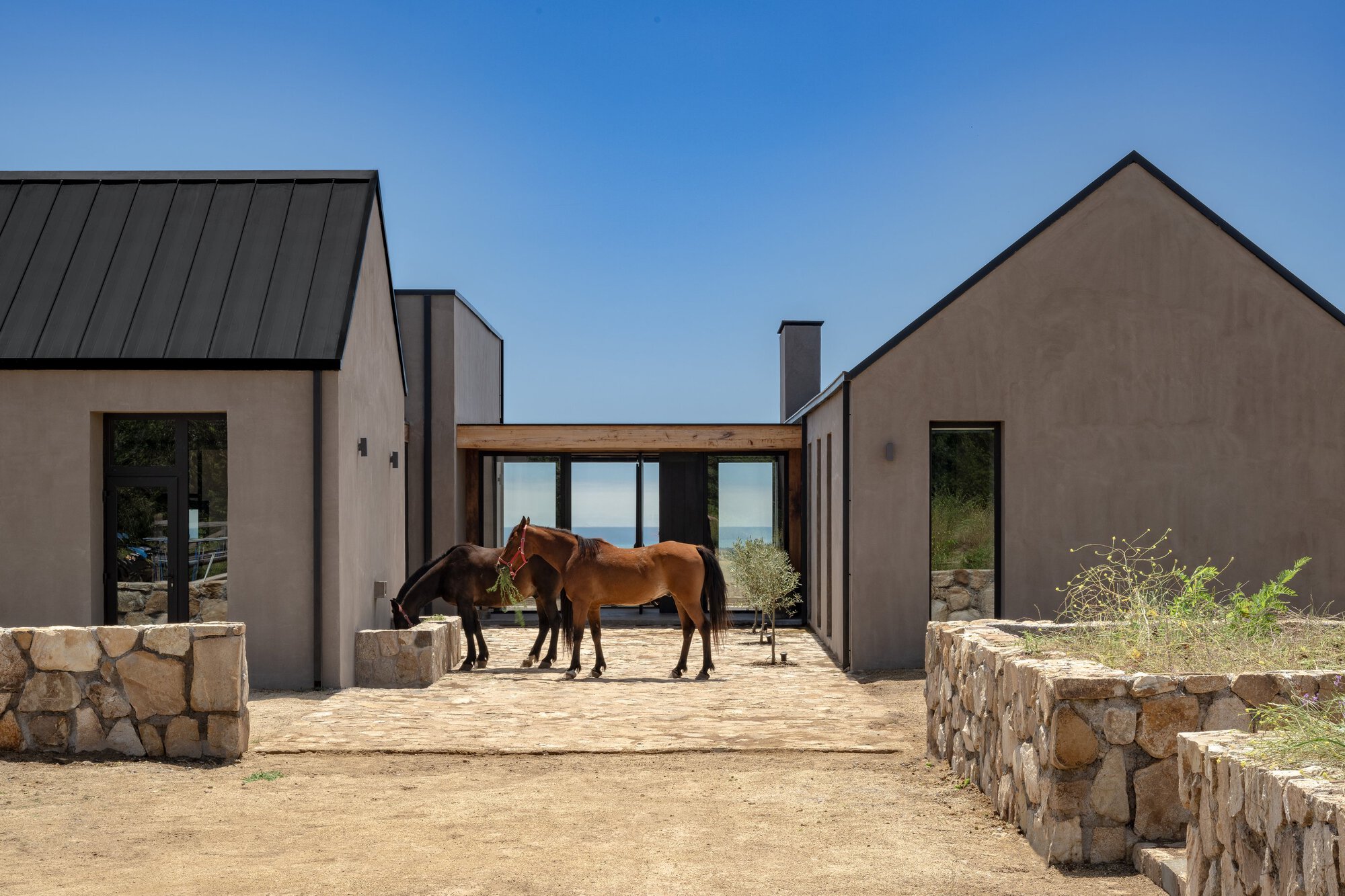 Two horses standing on a stone-paved courtyard between gabled stucco volumes, with a timber-lintel opening framing the sea under clear blue sky
