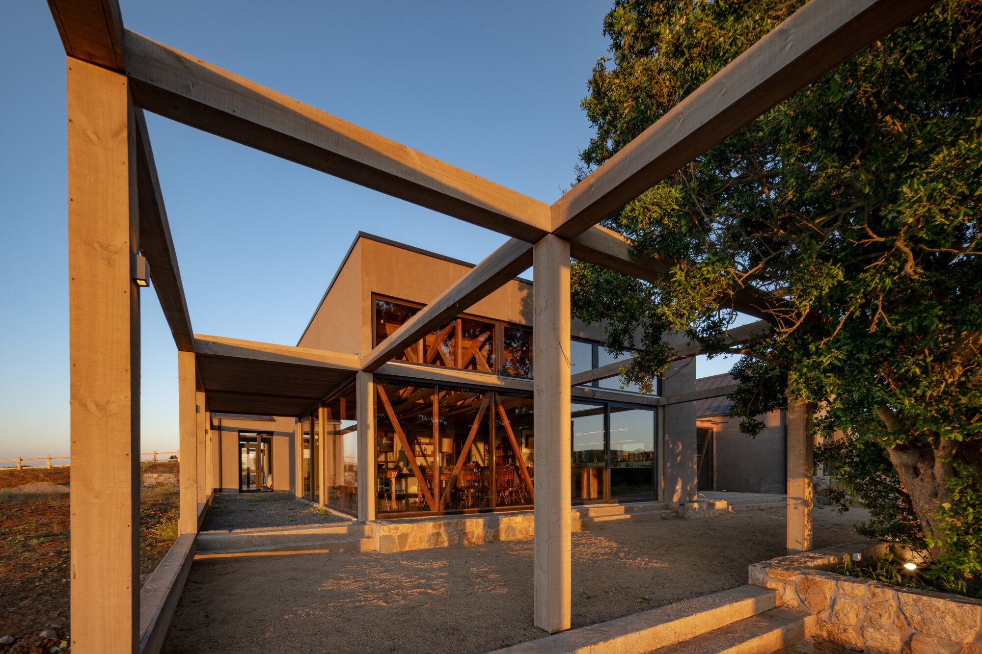 Timber pergola frame in front of a glazed dining volume with crossed timber bracing, a leafy tree at right at dusk