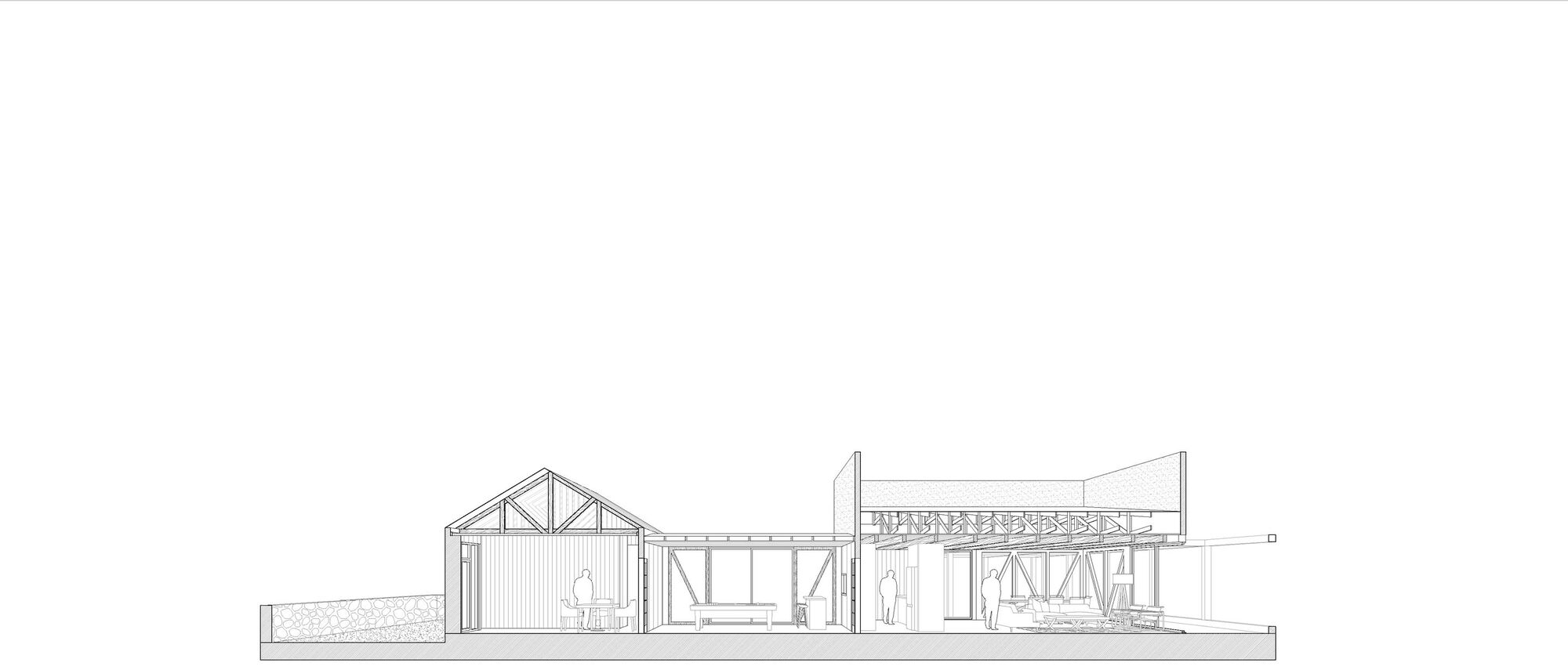 Section drawing cutting through a gabled timber-trussed room, a glazed link and a taller pavilion, with figures standing inside and a stone wall at left