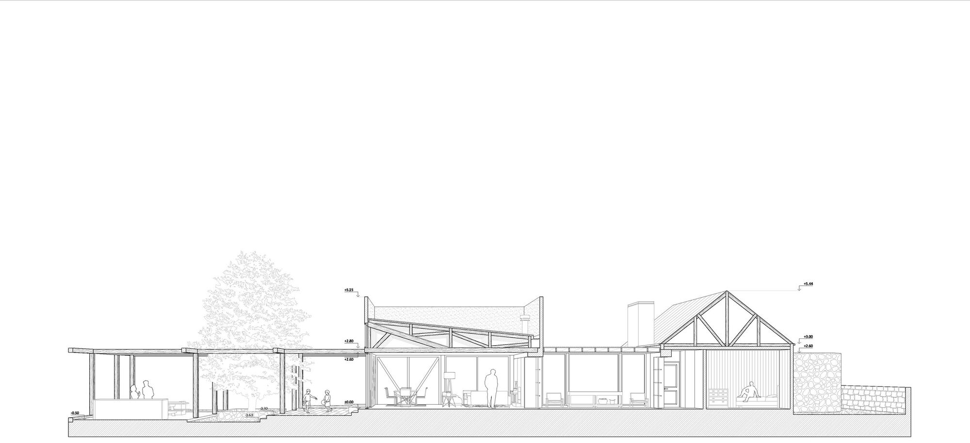 Long section drawing showing a covered walkway beside a tree, a pitched-roof living space with angled rafters, and a chimney gable at right