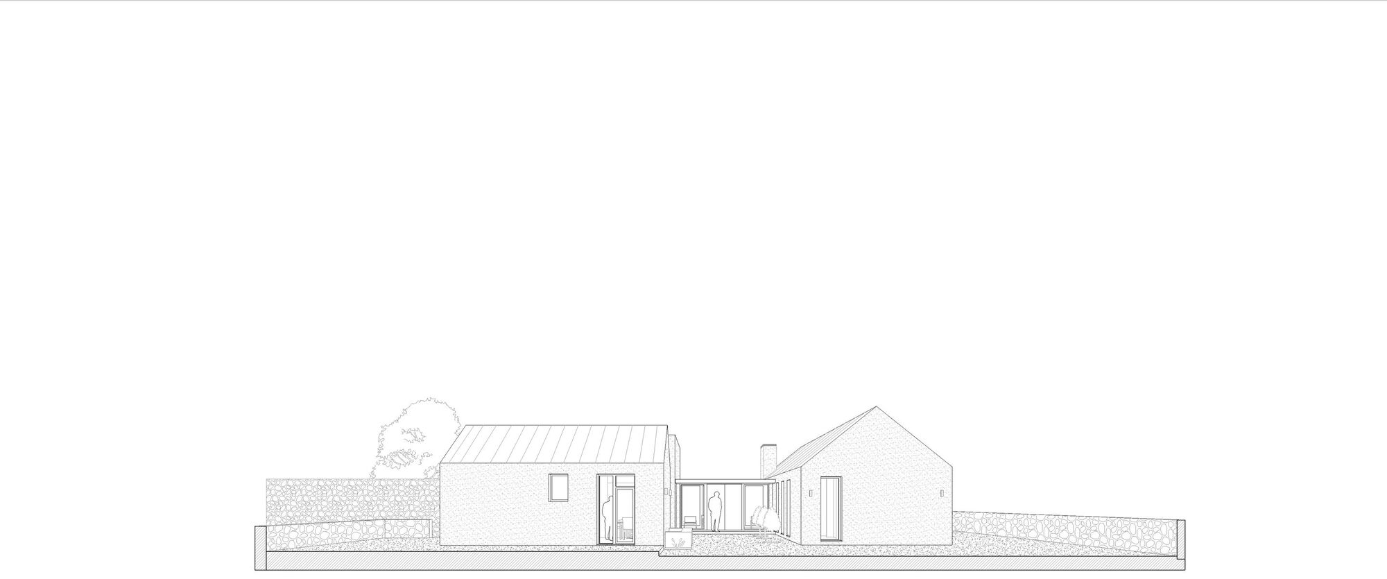 Elevation drawing of two pitched-roof volumes joined by a glazed link, with a tree and low stone walls behind