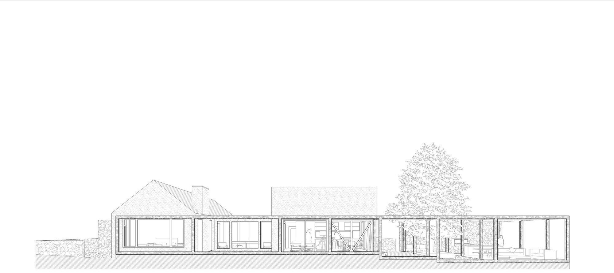 Long elevation drawing of a low glazed pavilion with a chimney gable at left and a large tree rising near the right