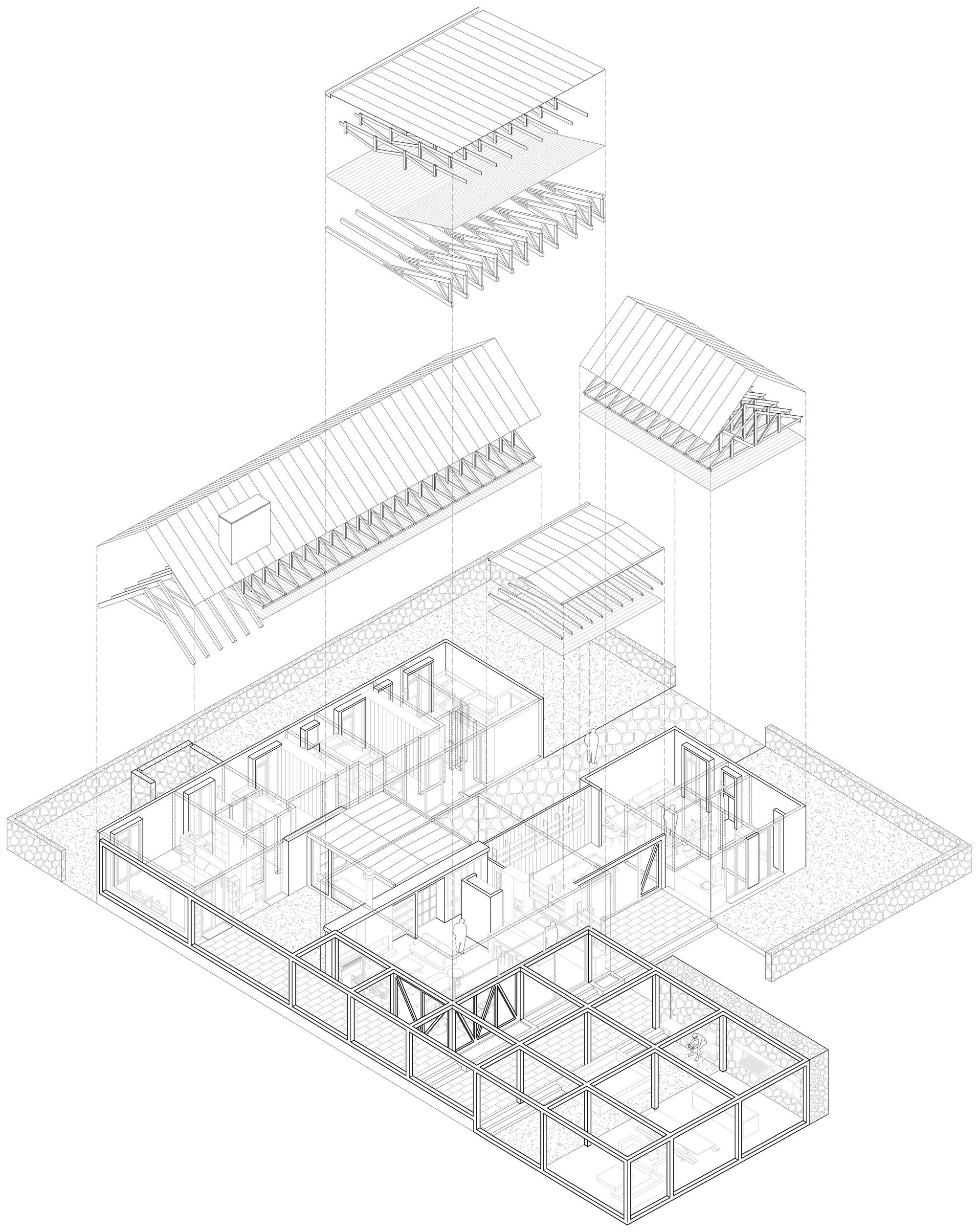 Exploded axonometric drawing lifting the timber roof structures above a walled floor plan of rooms, a courtyard grid and a stone perimeter