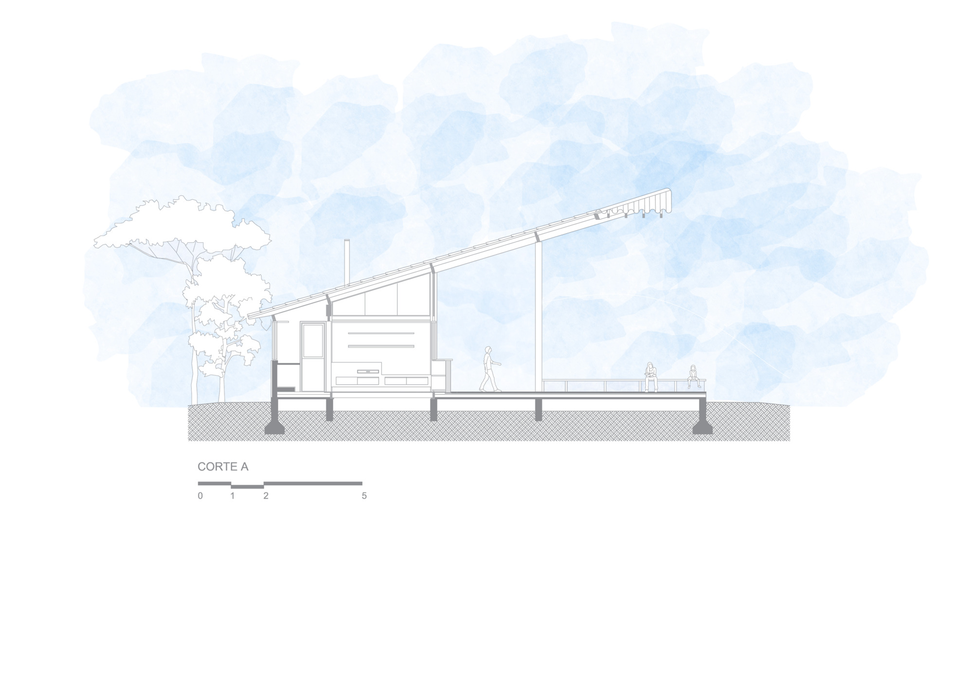 Section drawing showing a steeply sloped roof rising over a raised floor, with figures on the deck and a tree beside