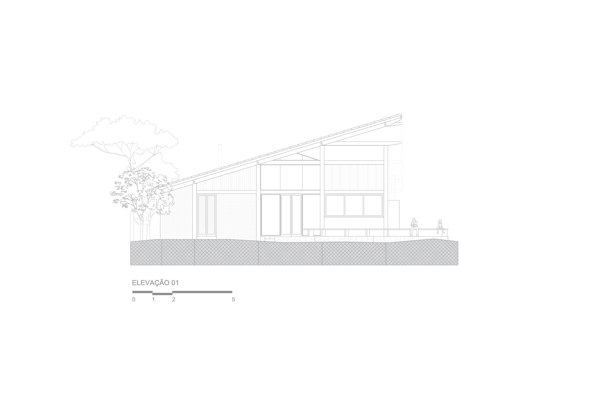 Elevation drawing of a house with a single steep sloping roof, glazed openings and a low deck with two seated figures beside a tree