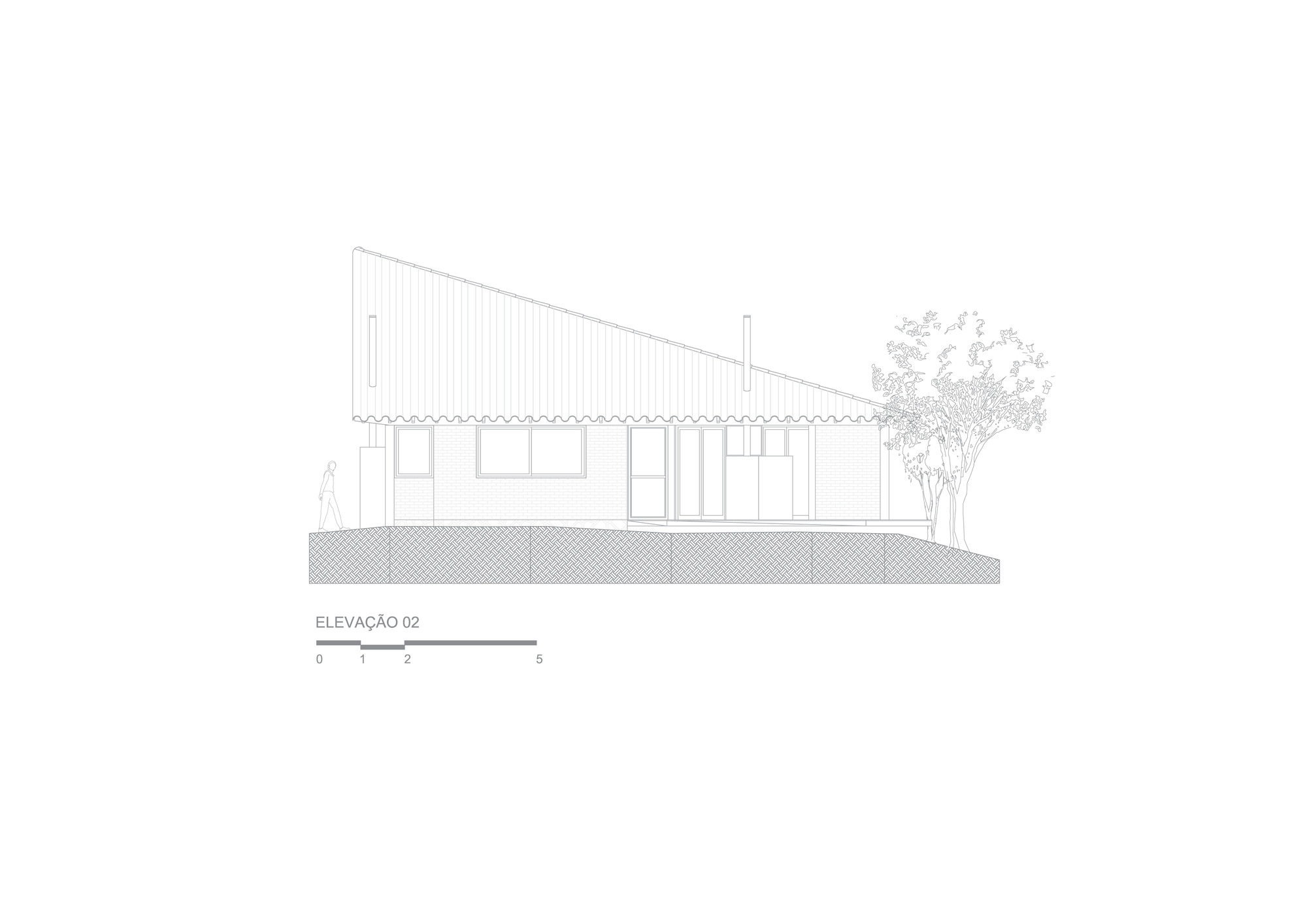 Elevation drawing of the opposite side of the house, showing a tall corrugated sloping roof over a low wall with windows and a walking figure