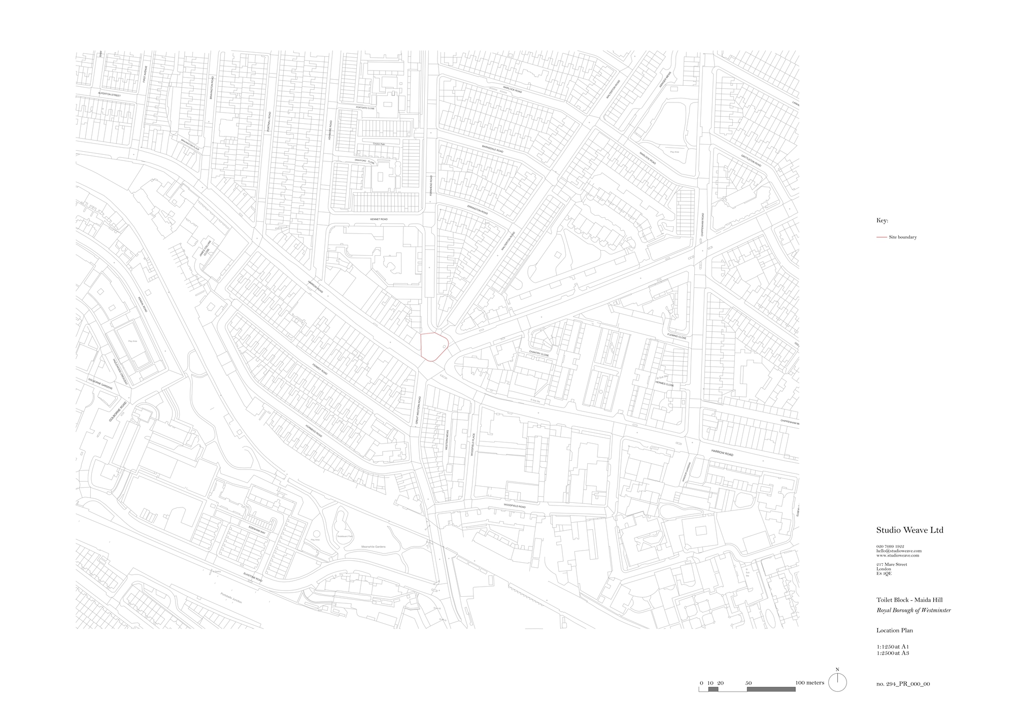 Location plan drawing showing a street grid of blocks and roads with the site boundary marked in red