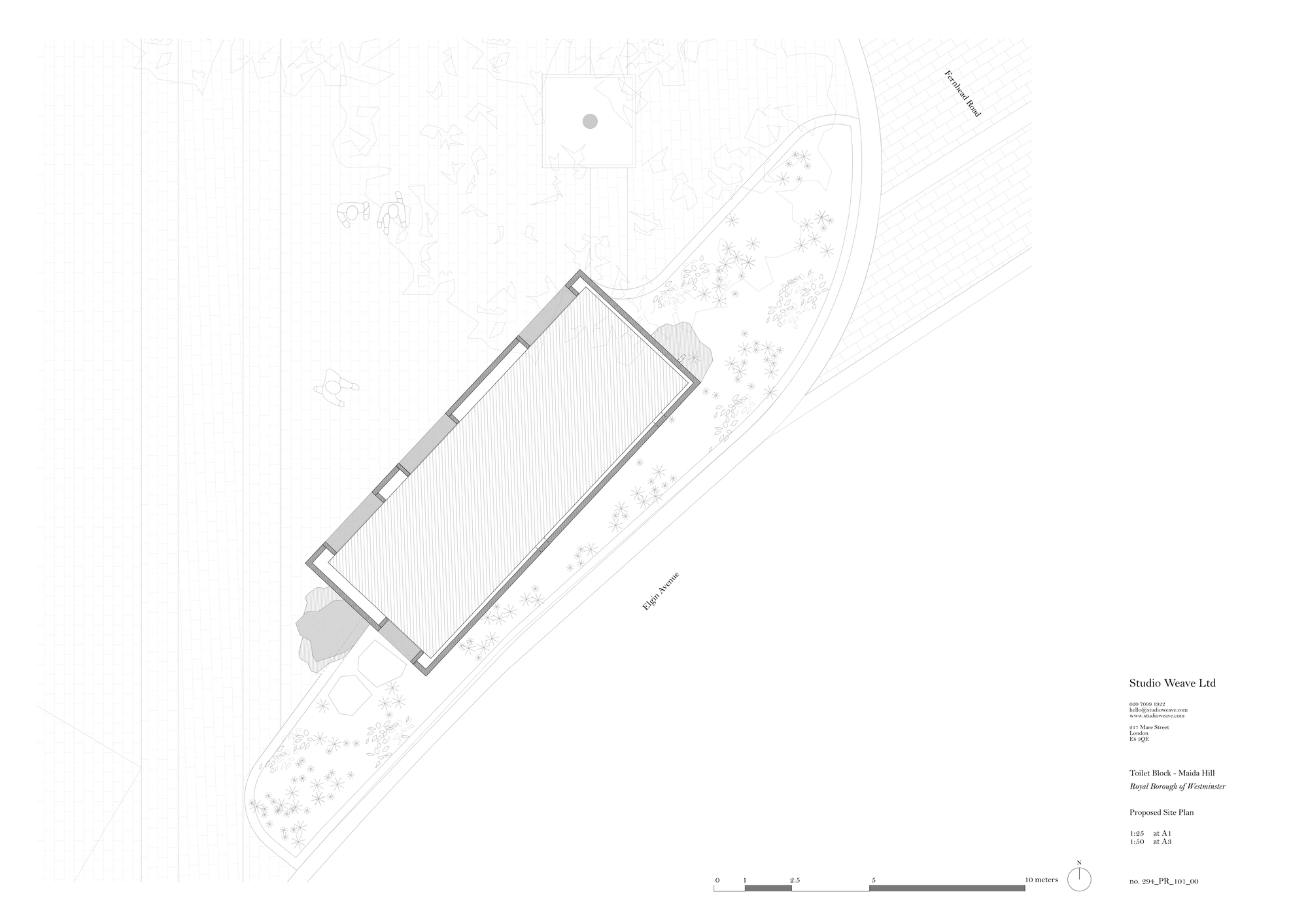 Site plan drawing of a rectangular roofed volume set among planting along a curving road edge