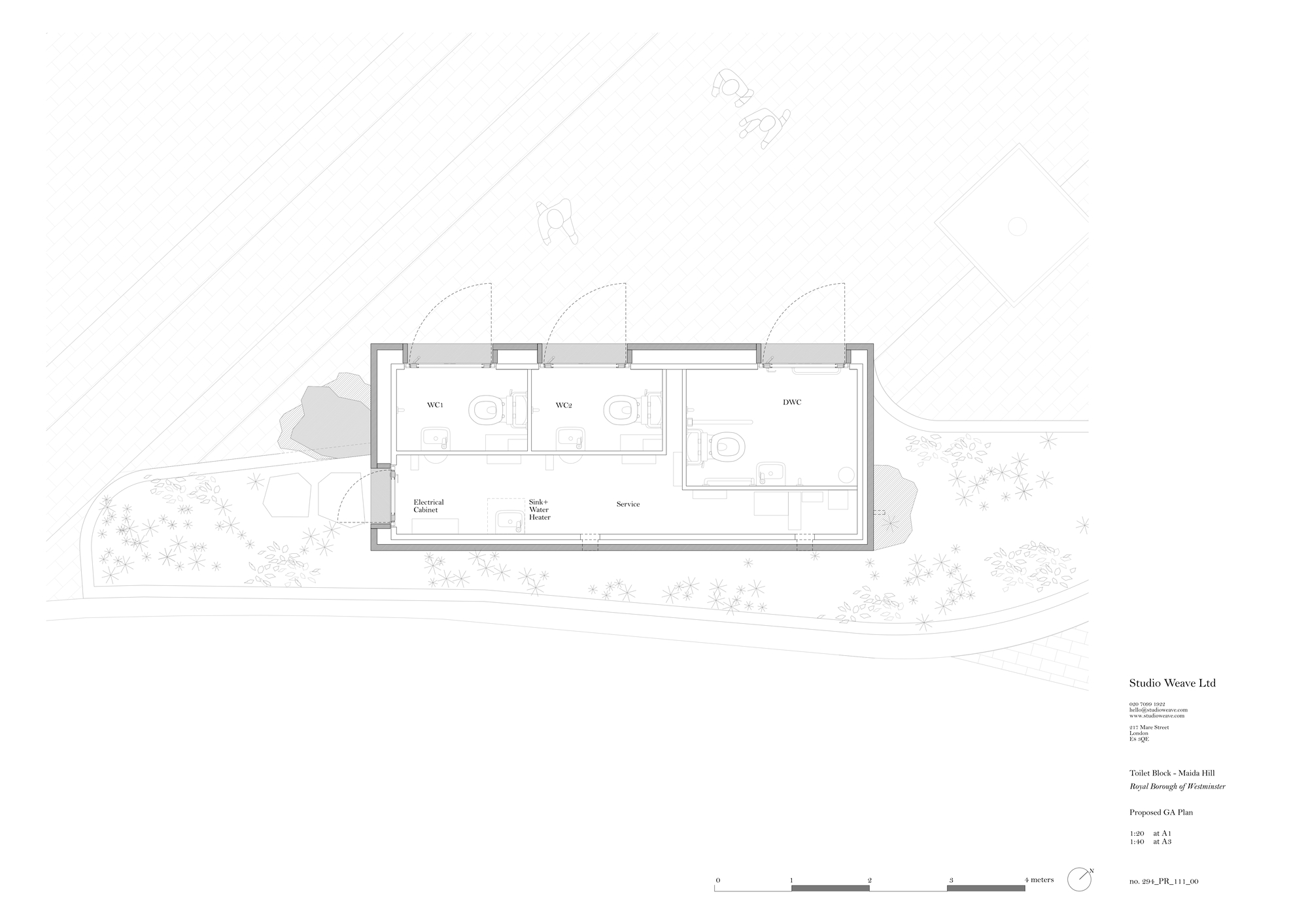 Floor plan drawing showing two WCs, an accessible WC, a service room and an electrical cabinet with door swings