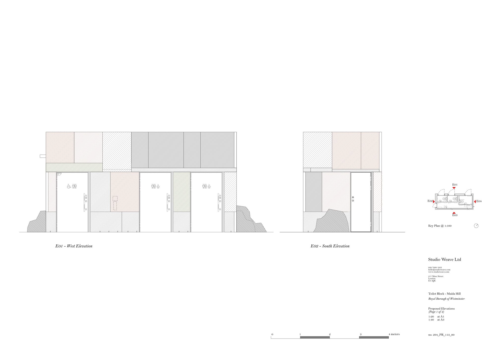 Elevation drawings of the west and south facades showing patchwork stone panels, doors and boulders at the base