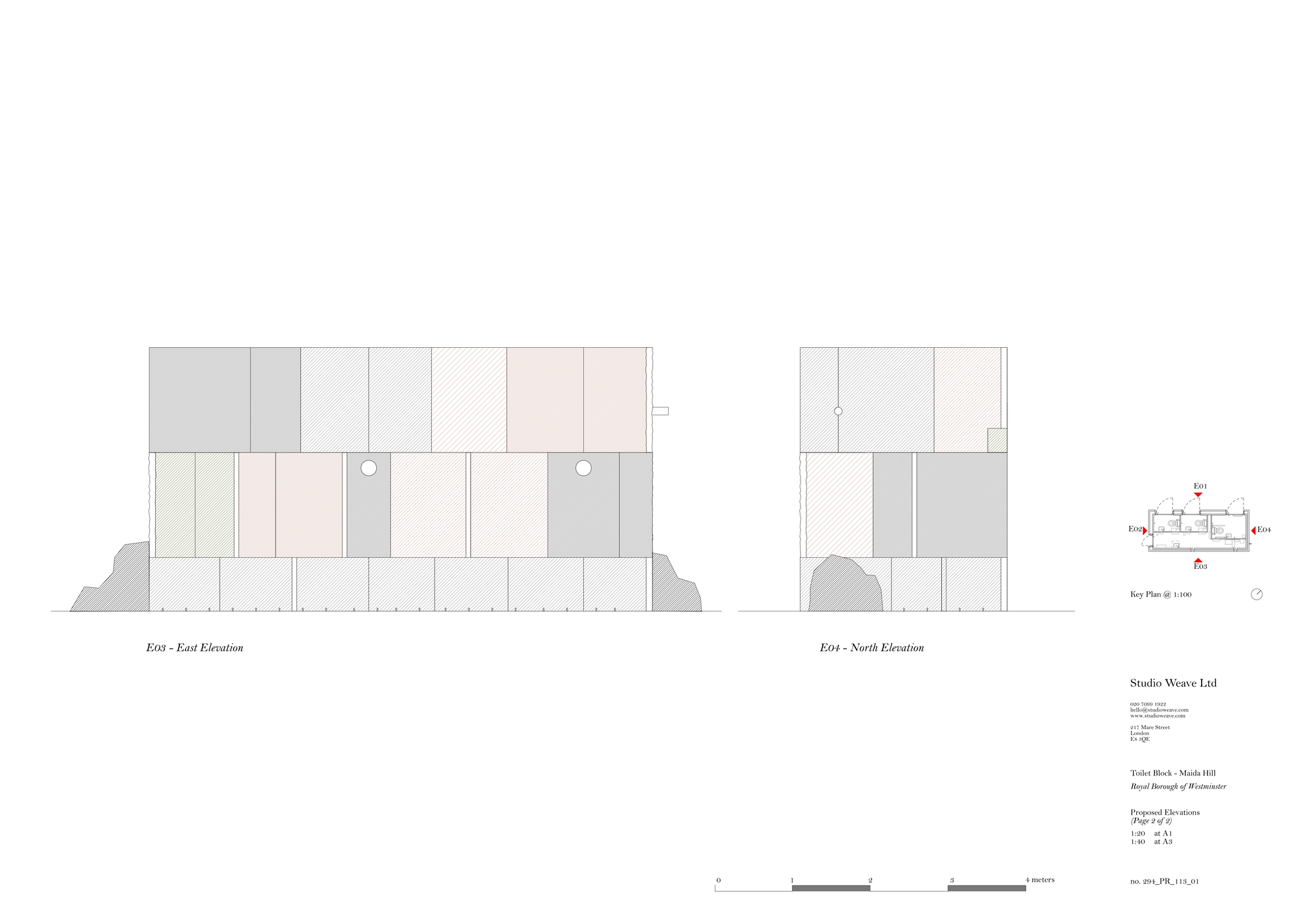 Elevation drawing showing east and north faces of a small block clad in tiled panels of varied tones, with round openings and a key plan