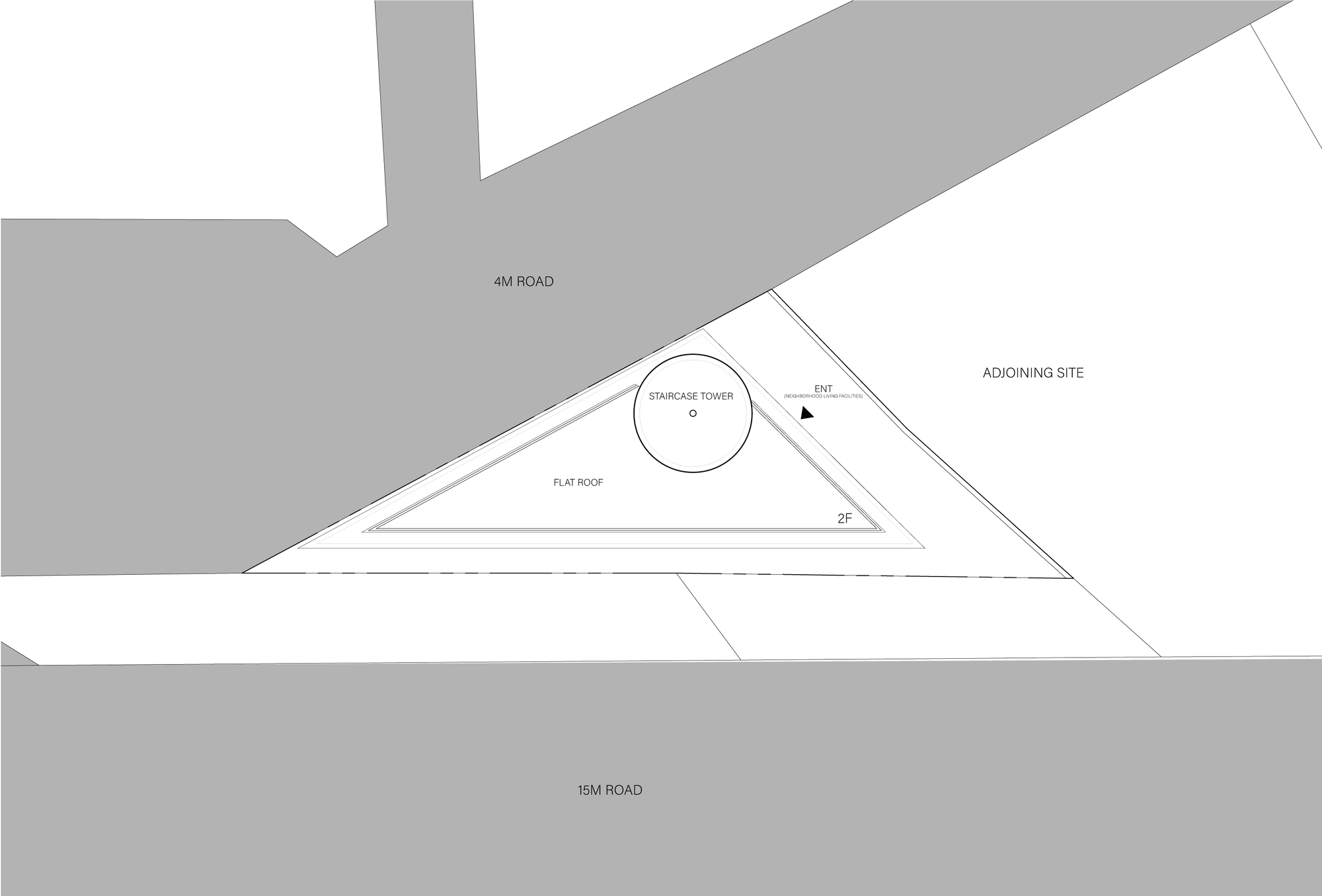 Site plan drawing showing the triangular flat roof and circular staircase tower between a 4M road and a 15M road