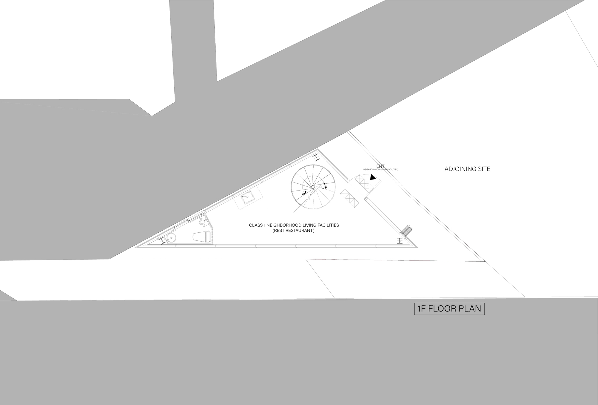 Ground floor plan drawing of the triangular building with a central spiral stair, entrance and restaurant space beside adjoining site