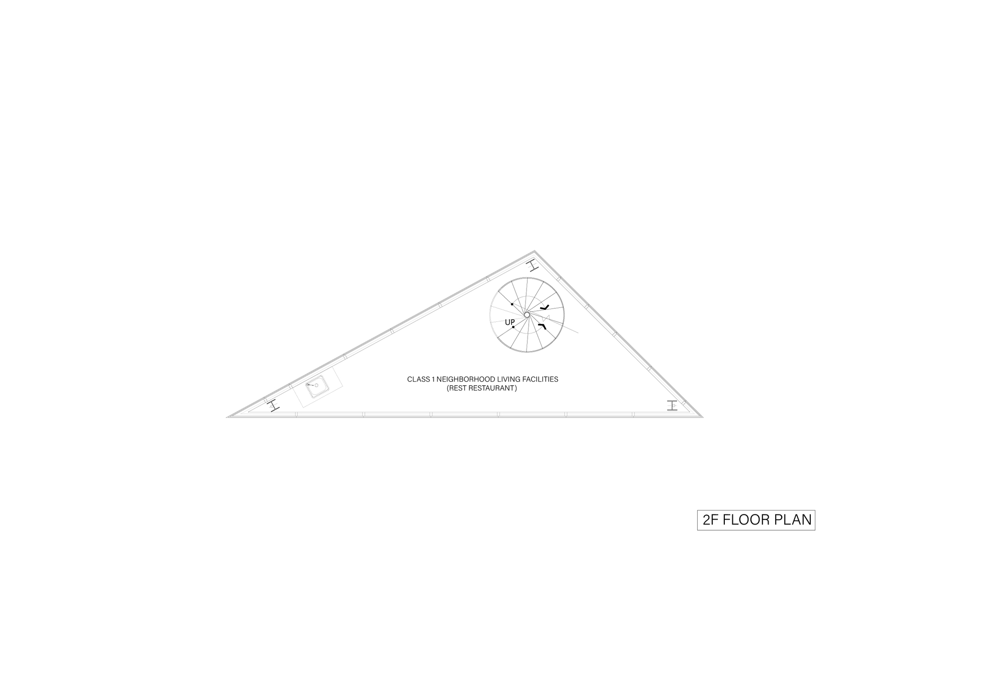 Second floor plan drawing of the elongated triangular footprint with a spiral stair and restaurant area