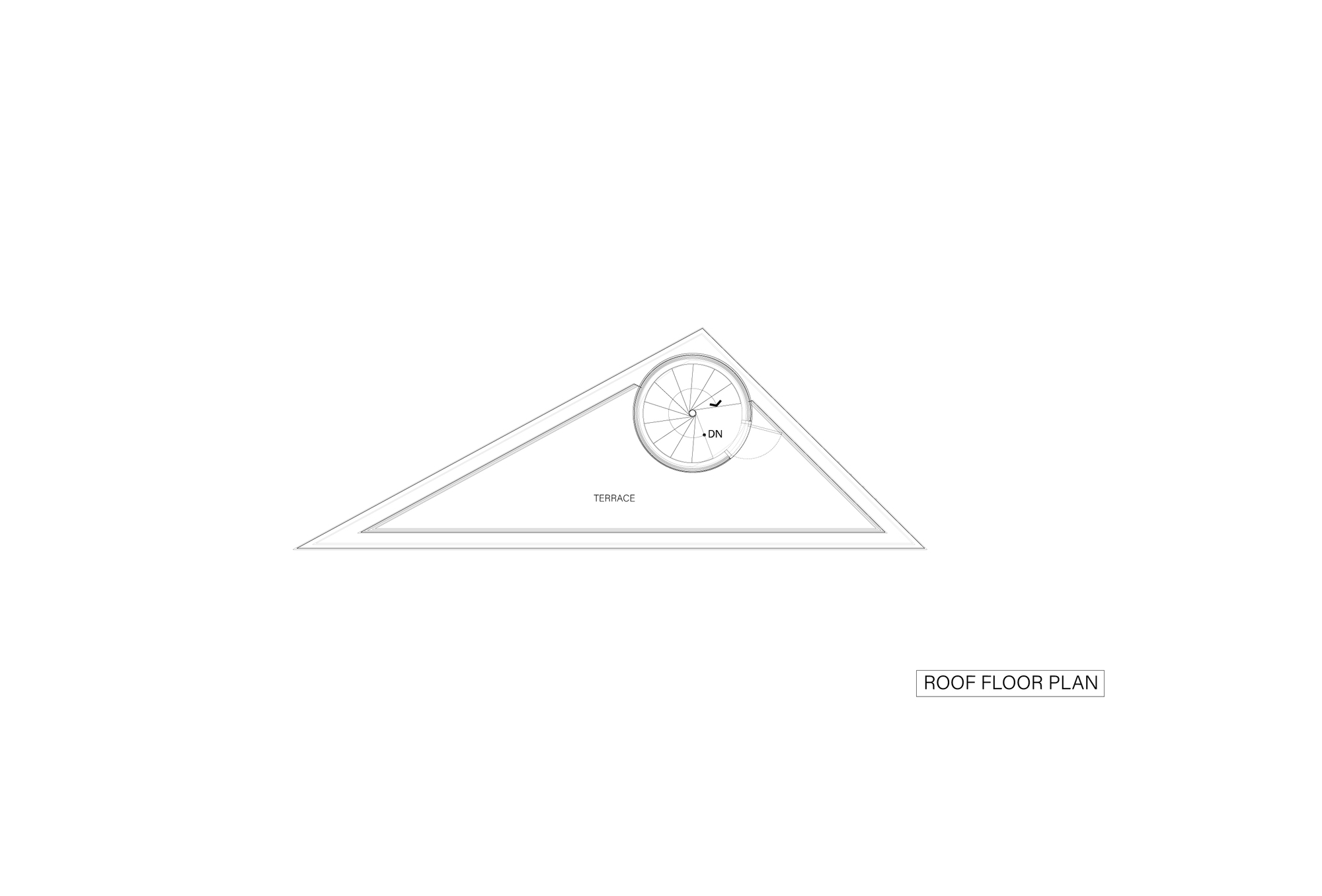 Roof floor plan drawing of a triangular terrace with a circular spiral stair enclosure set near the apex