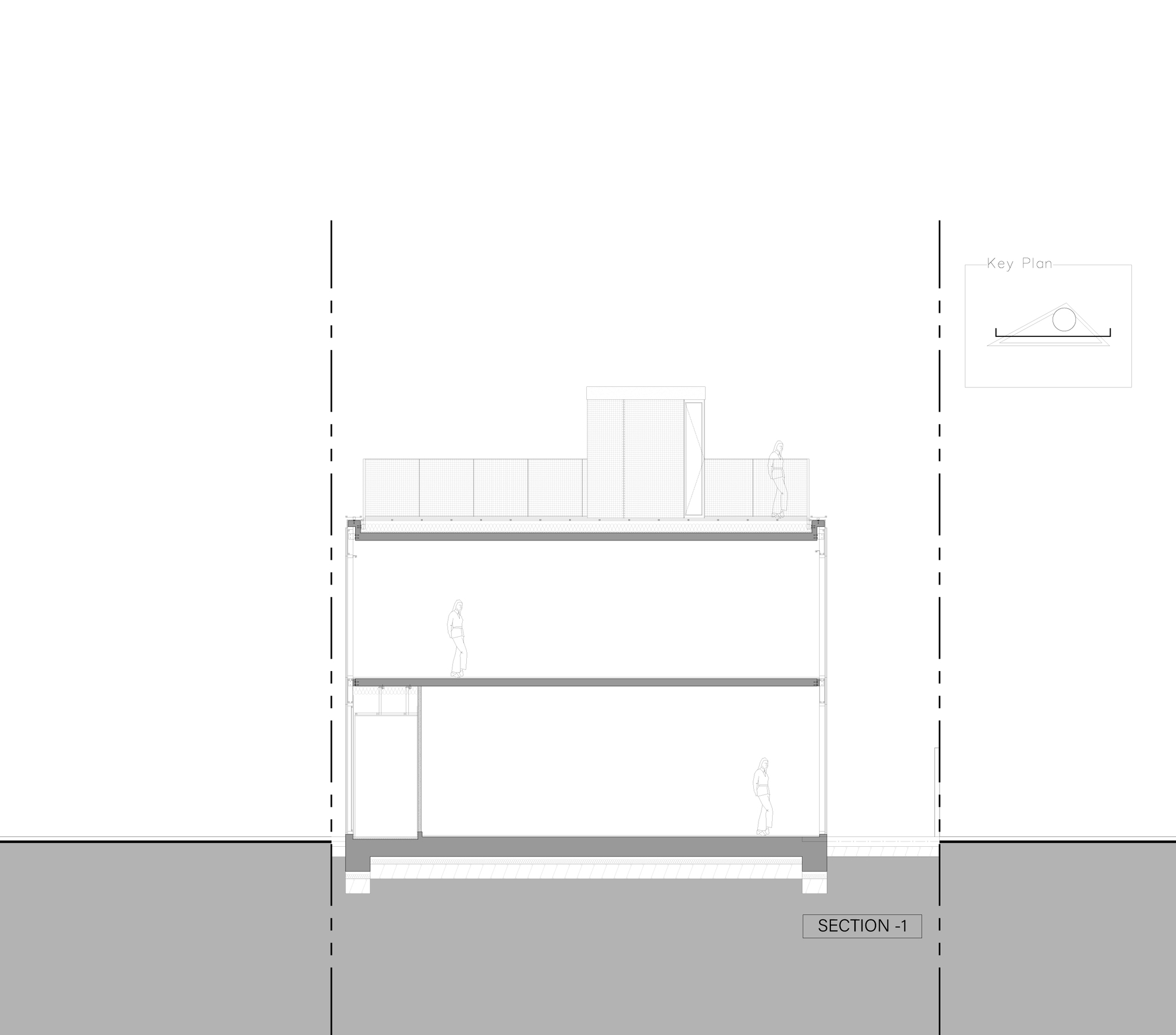 Section drawing through a two-storey volume with a rooftop screen, three standing figures and a small key plan