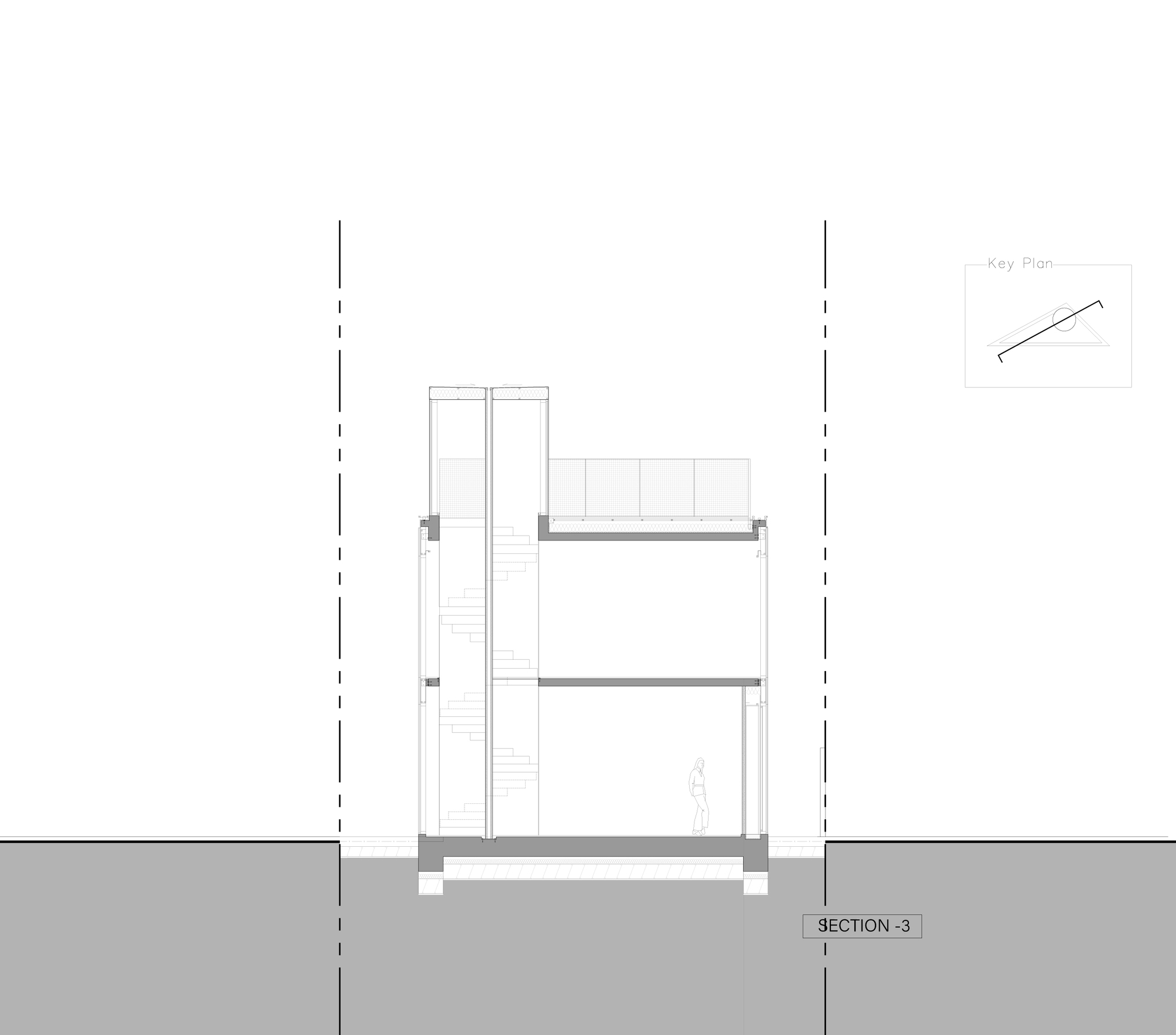 Section drawing cutting through the spiral stair tower beside two floors and a screened roof terrace, one figure at ground level
