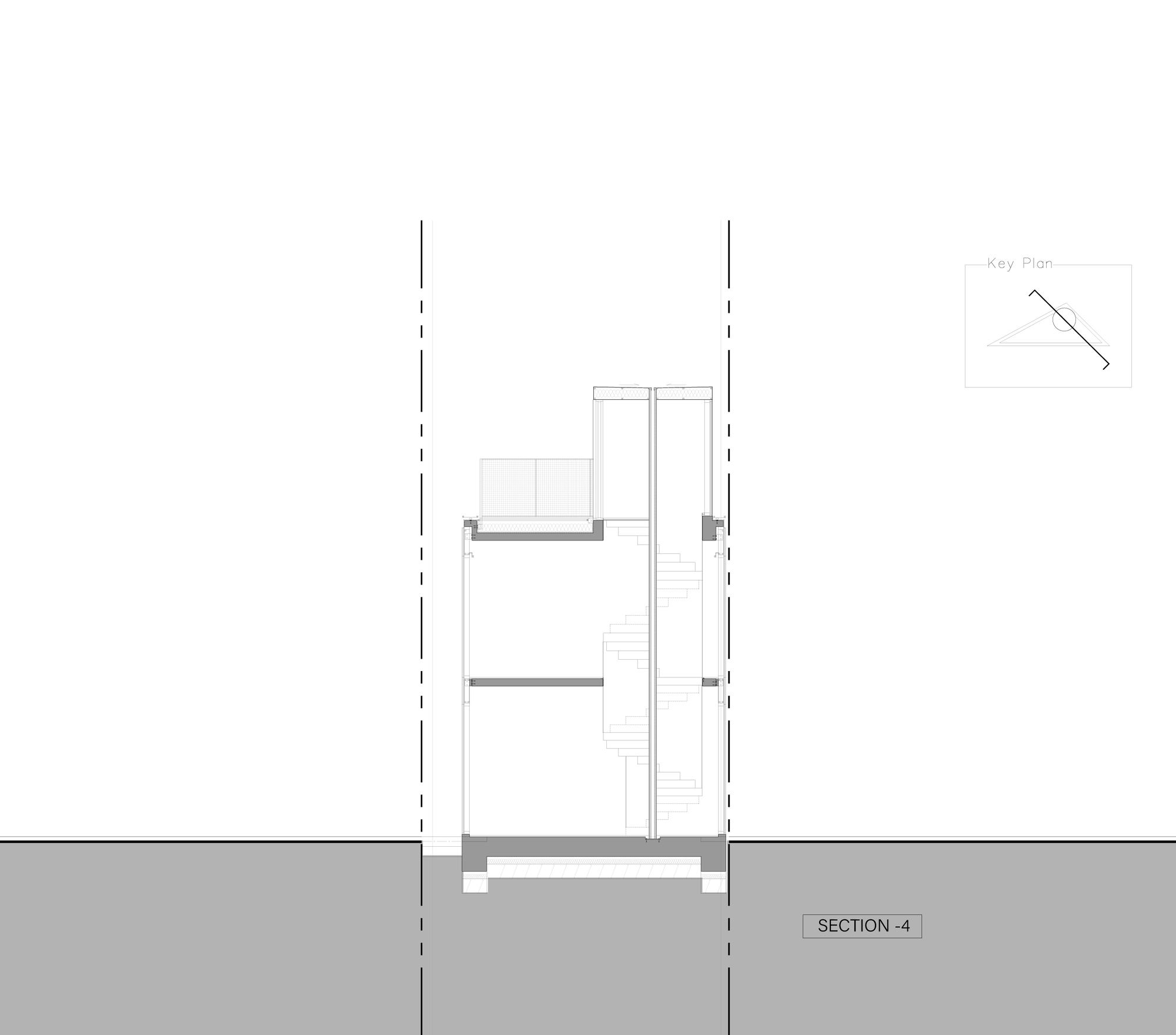 Section drawing showing the spiral stair winding beside two floor levels and a short screened terrace on the roof