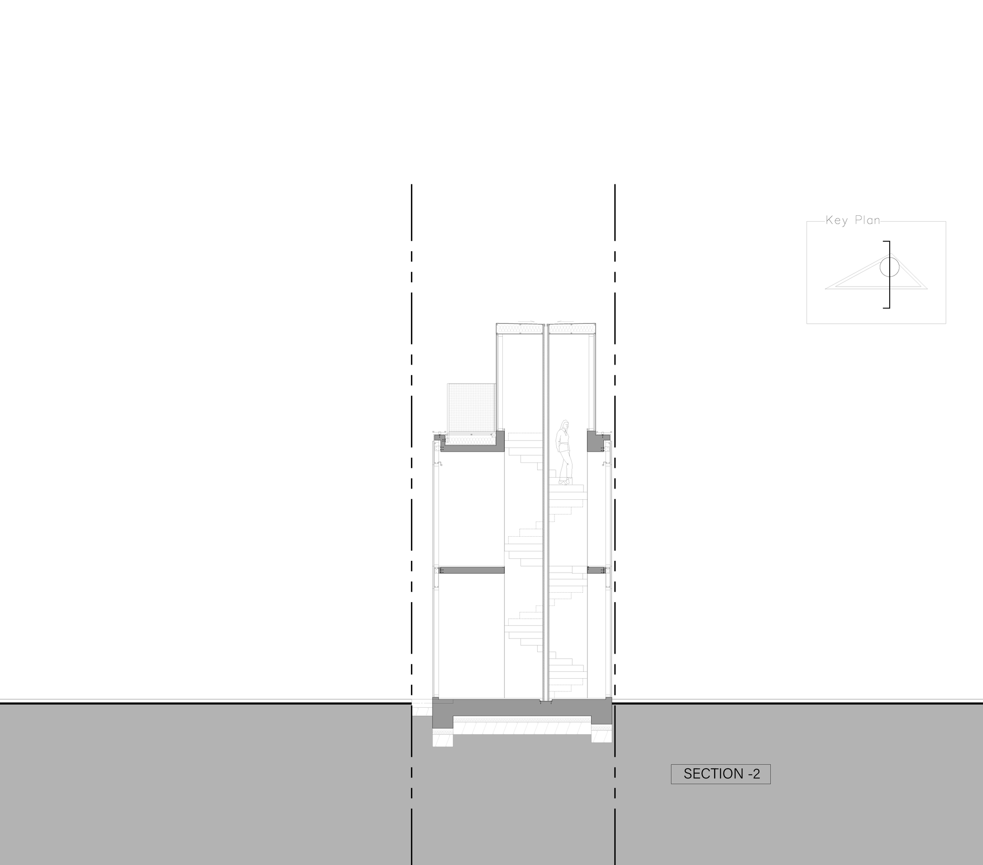 Section drawing through the circular stair core, with a figure climbing toward the roof terrace and its screen