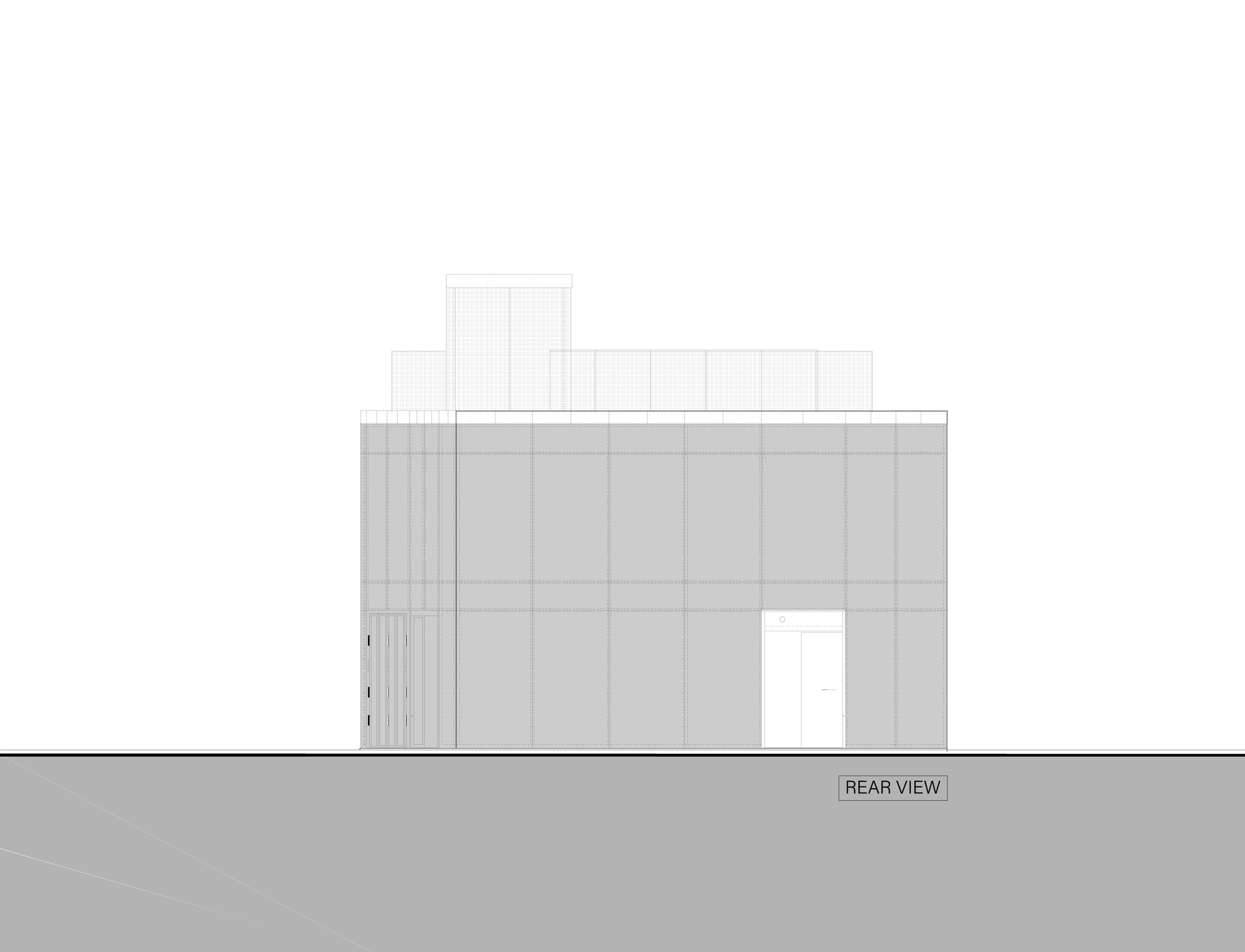 Rear elevation drawing of the boxy two-storey facade with a double door, panel joints and a screened rooftop volume