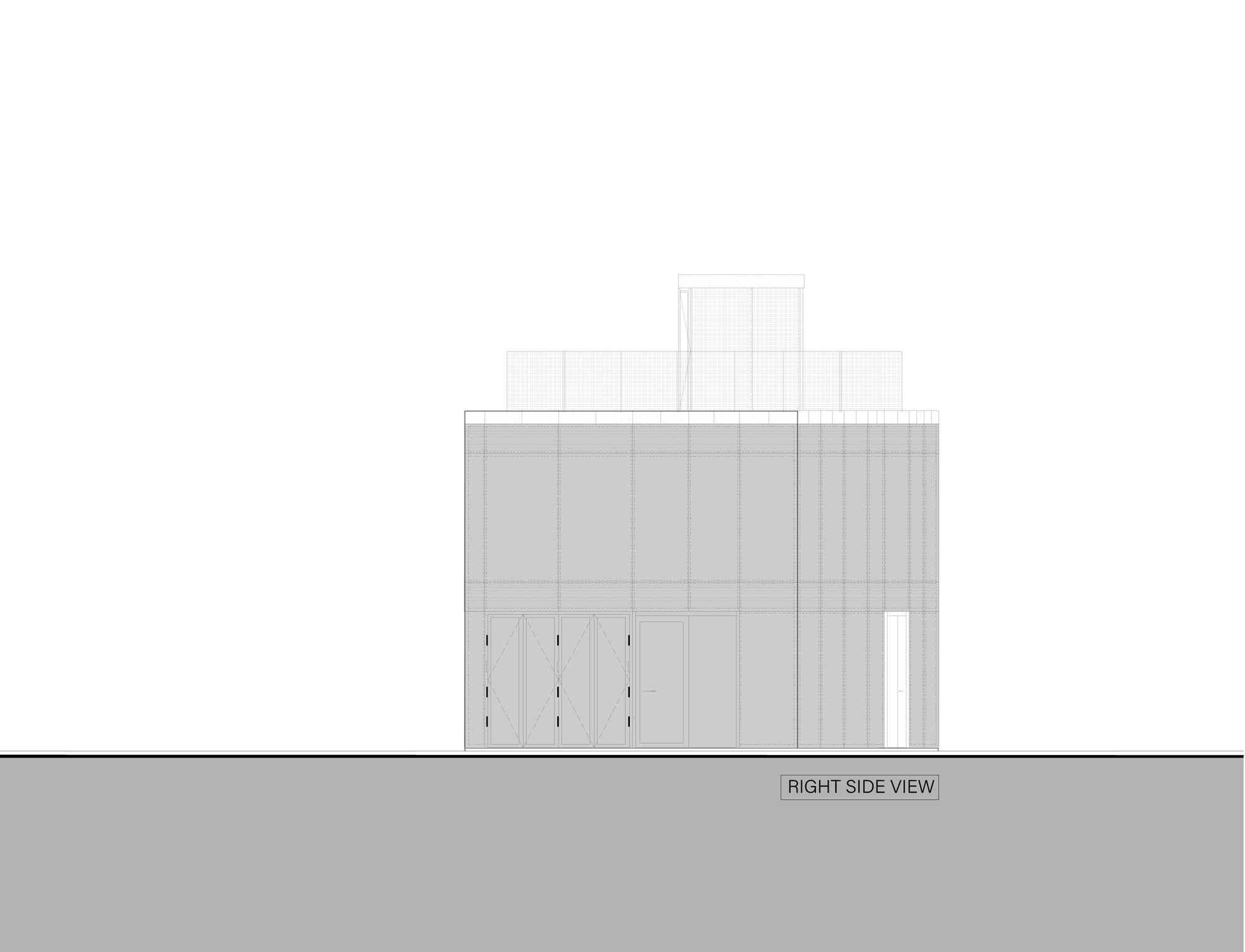Right side elevation drawing of a two-storey box with folding doors at ground level and a screened rooftop volume above