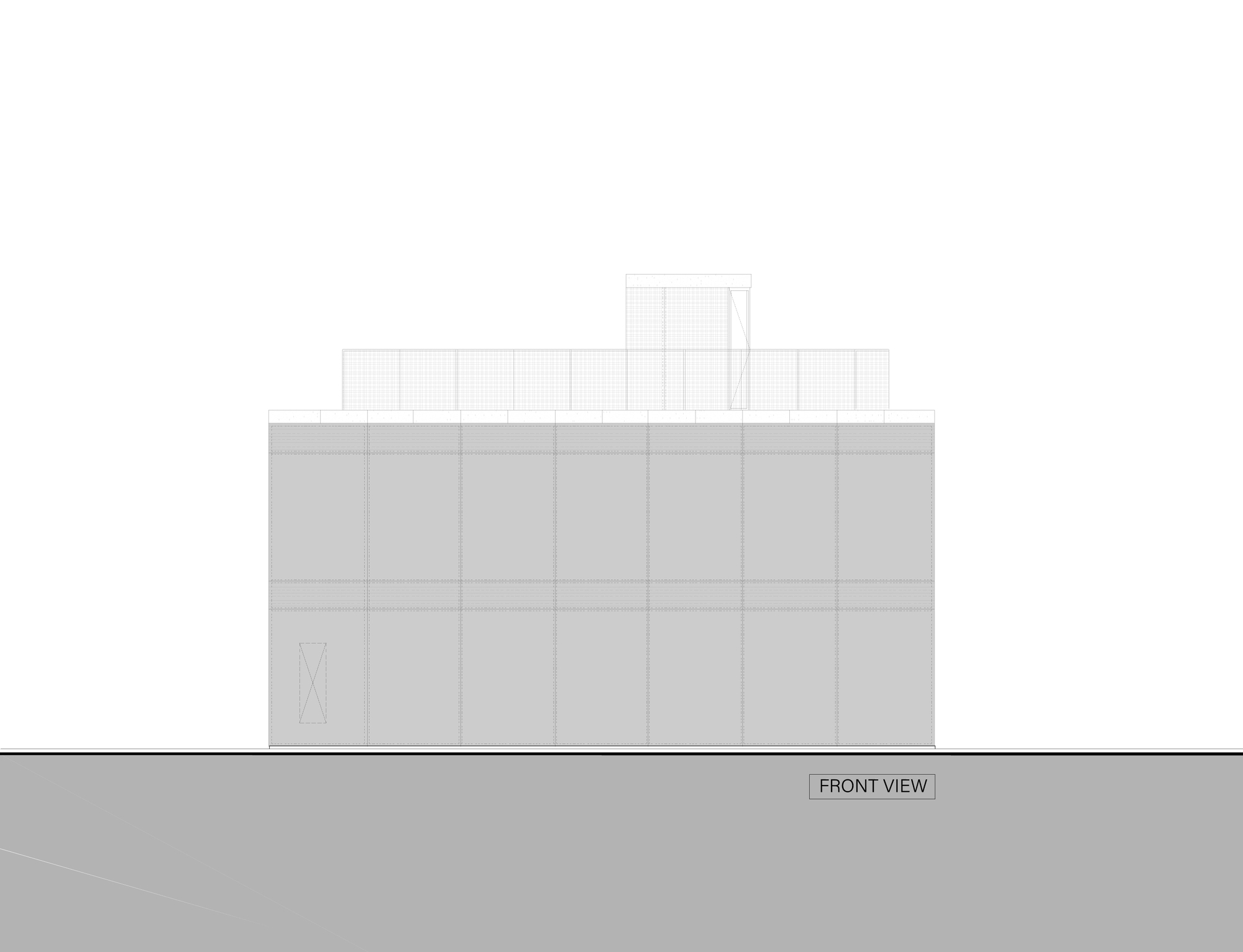 Front elevation drawing showing a seven-bay gridded facade over two storeys, with a small hatched door and a screened rooftop enclosure