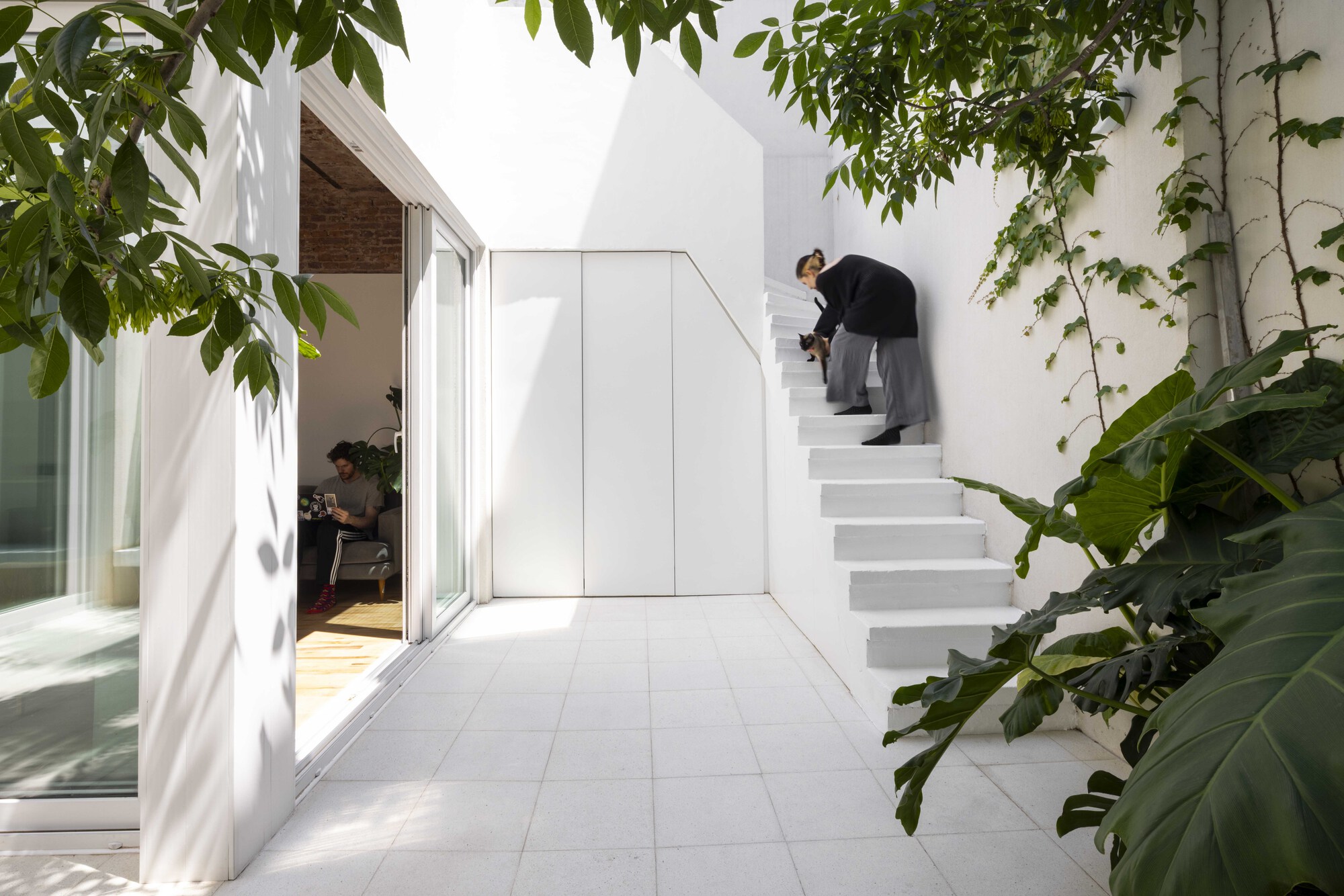 Courtyard with white stair and sliding glass doors, a woman bending to a cat on the steps under leafy branches