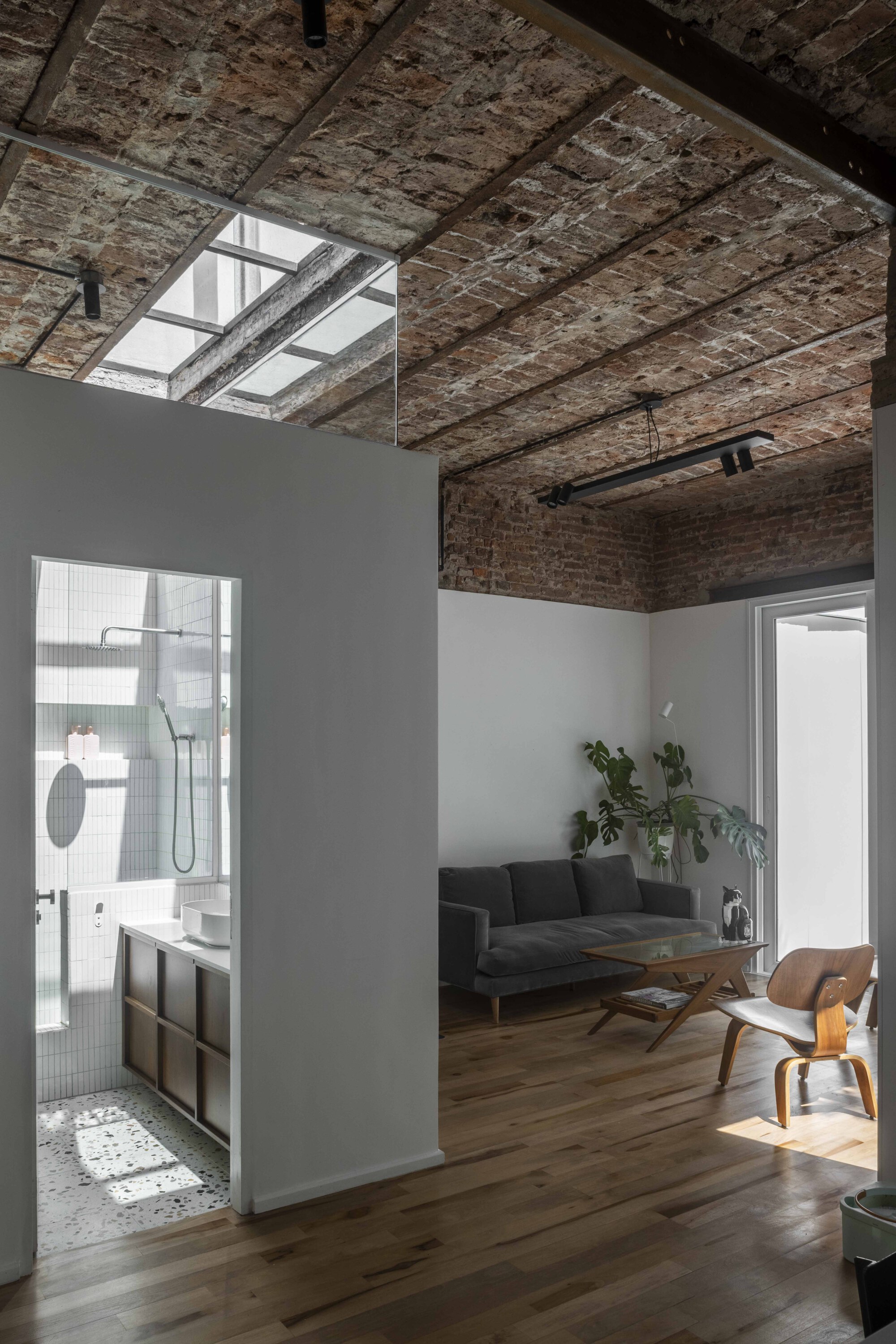 Living area with exposed brick vaulted ceiling, a glazed bathroom doorway and a grey sofa lit by daylight from a skylight