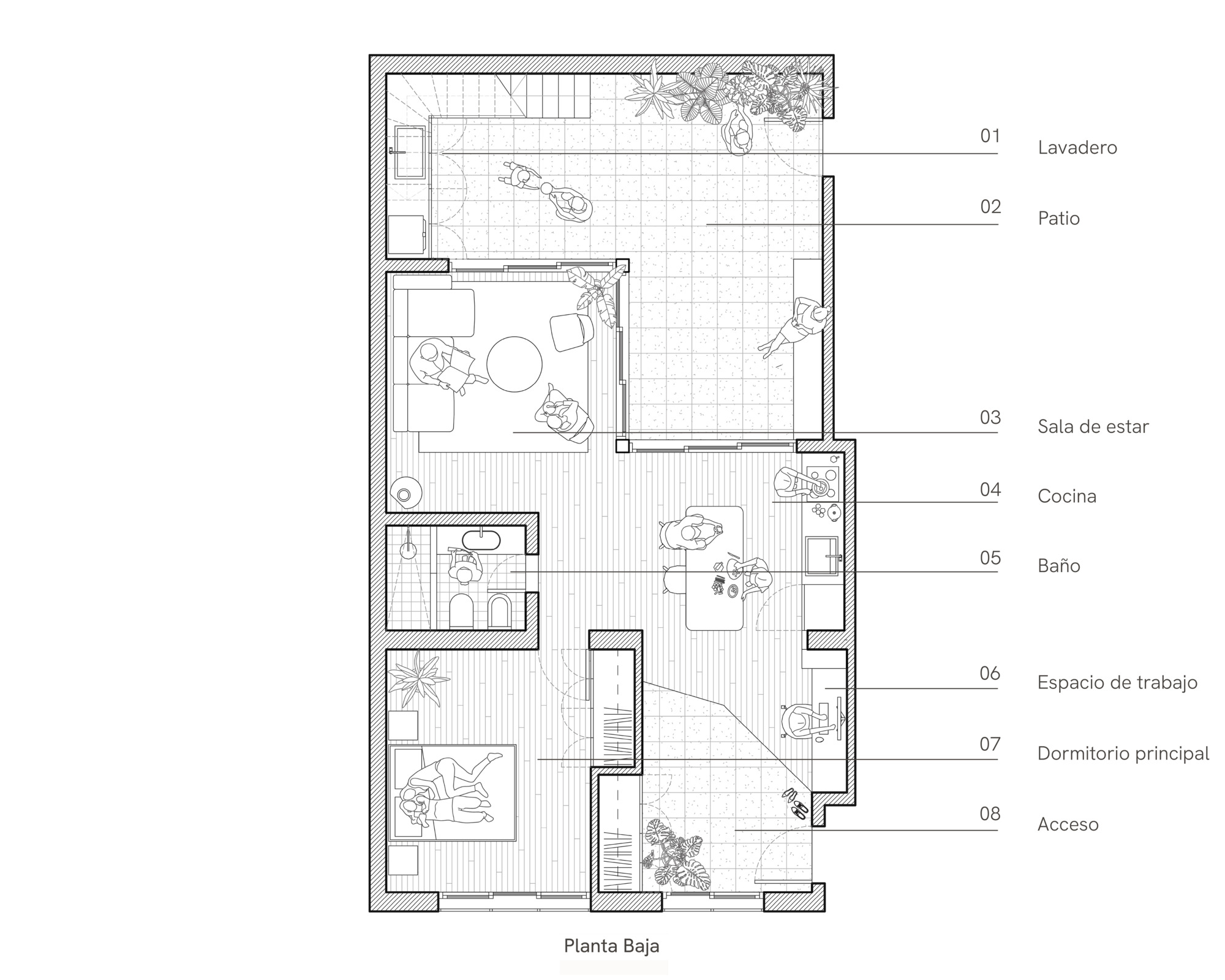 Ground floor plan drawing with labeled rooms including patio, living room, kitchen, bathroom, main bedroom and entry, furnished and with figures