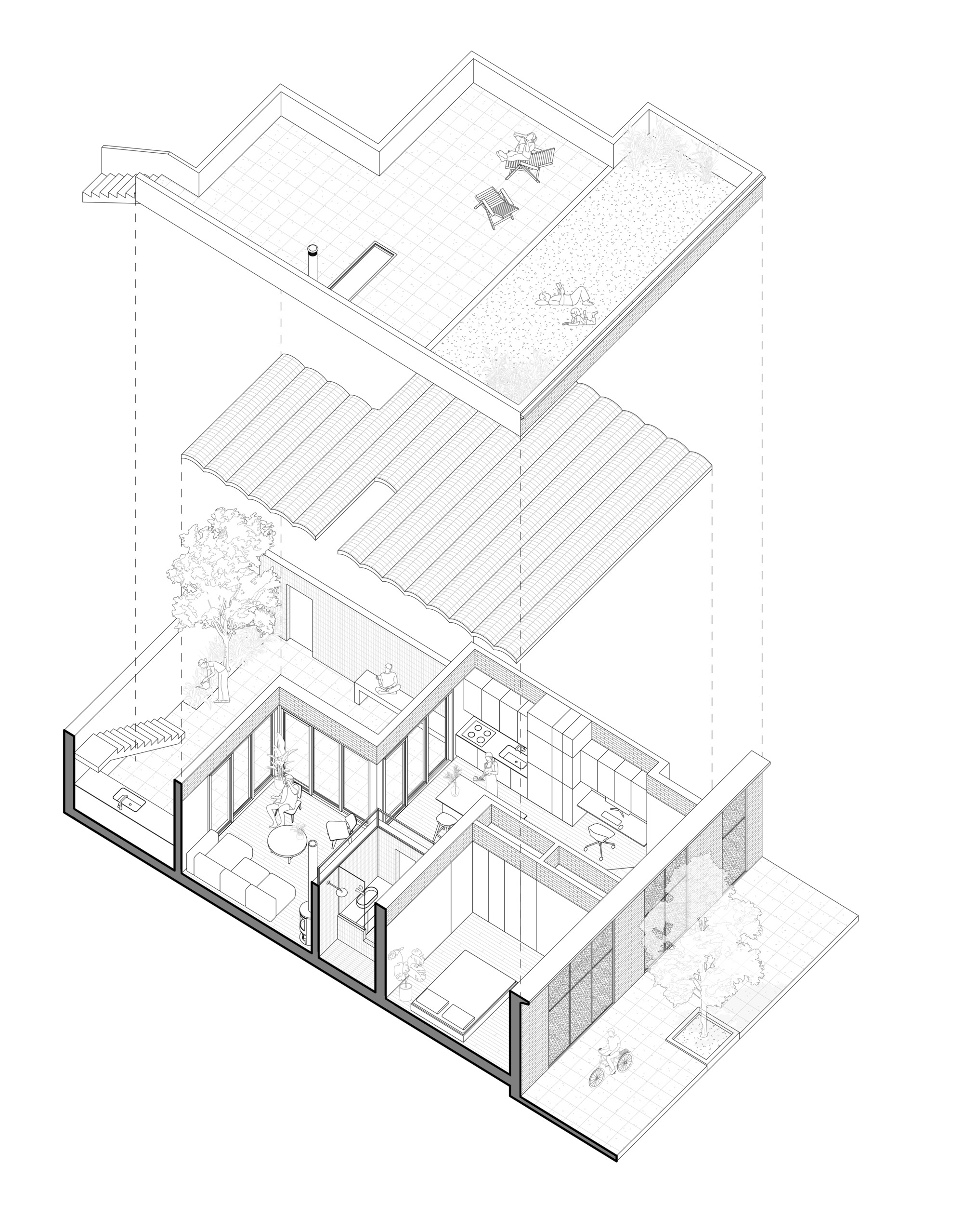 Exploded axonometric drawing lifting the terrace and corrugated roof off a floor of living room, bedroom, kitchen and a courtyard tree