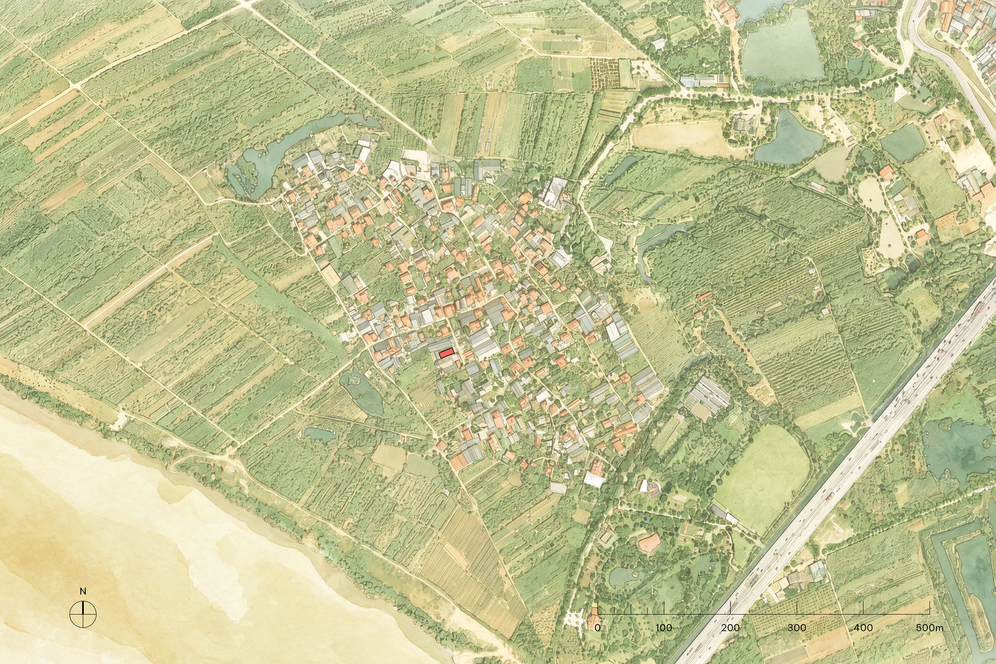 Watercolor-style site plan drawing of a village of small roofs among fields, ponds and a river bank, with one building marked red