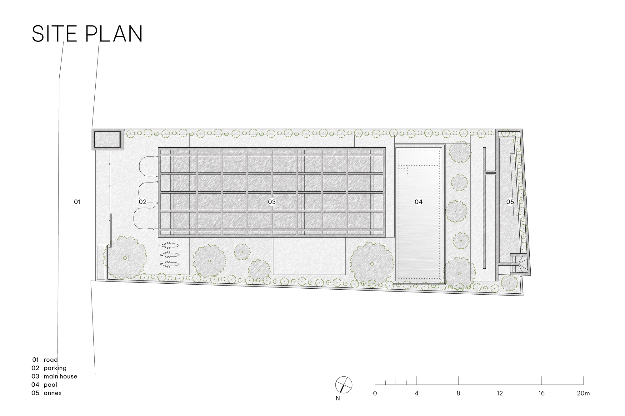 Site plan drawing showing a gridded main house beside a pool, with parking, road side and a small annex at the far end
