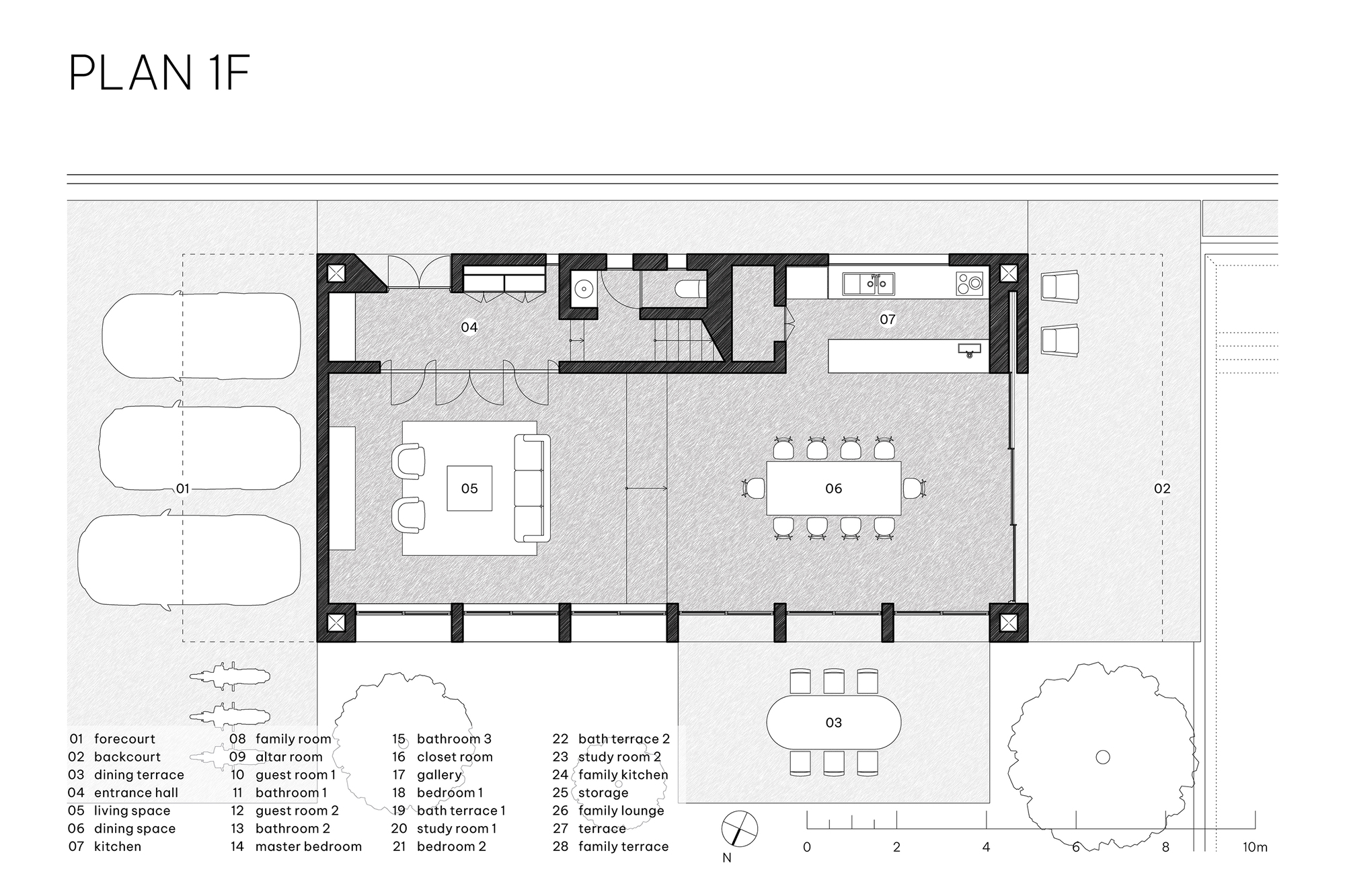 First floor plan drawing showing living and dining space, kitchen, entrance hall, forecourt parking and a dining terrace with an oval table