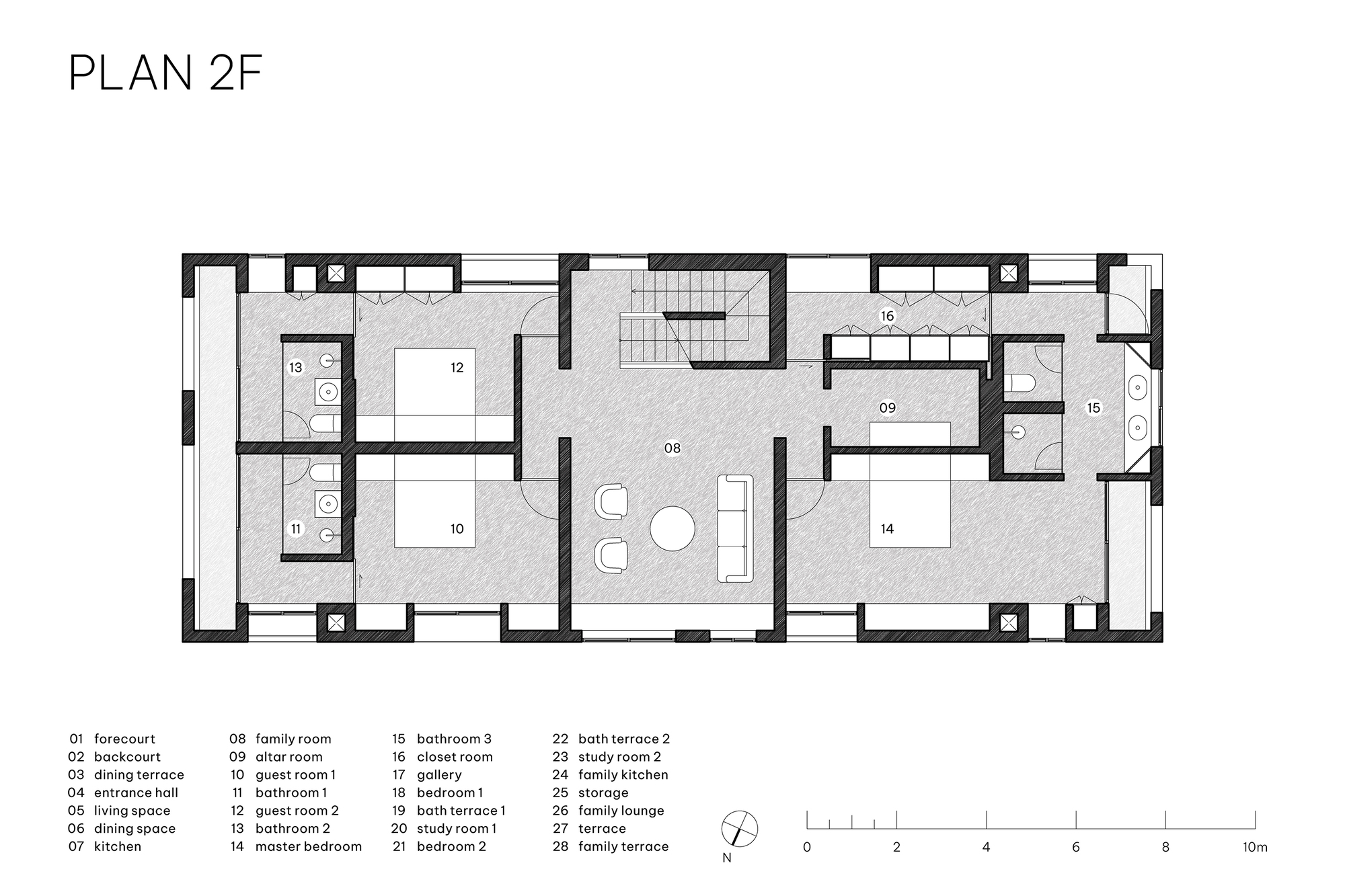 Second floor plan drawing showing bedrooms with bathrooms around a central staircase and family room, with closets and terraces at the edges