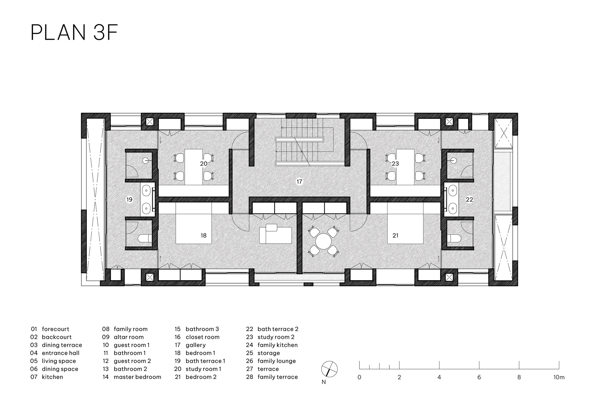 Third floor plan drawing showing two bedroom suites with study rooms and bath terraces flanking a central gallery and stair core