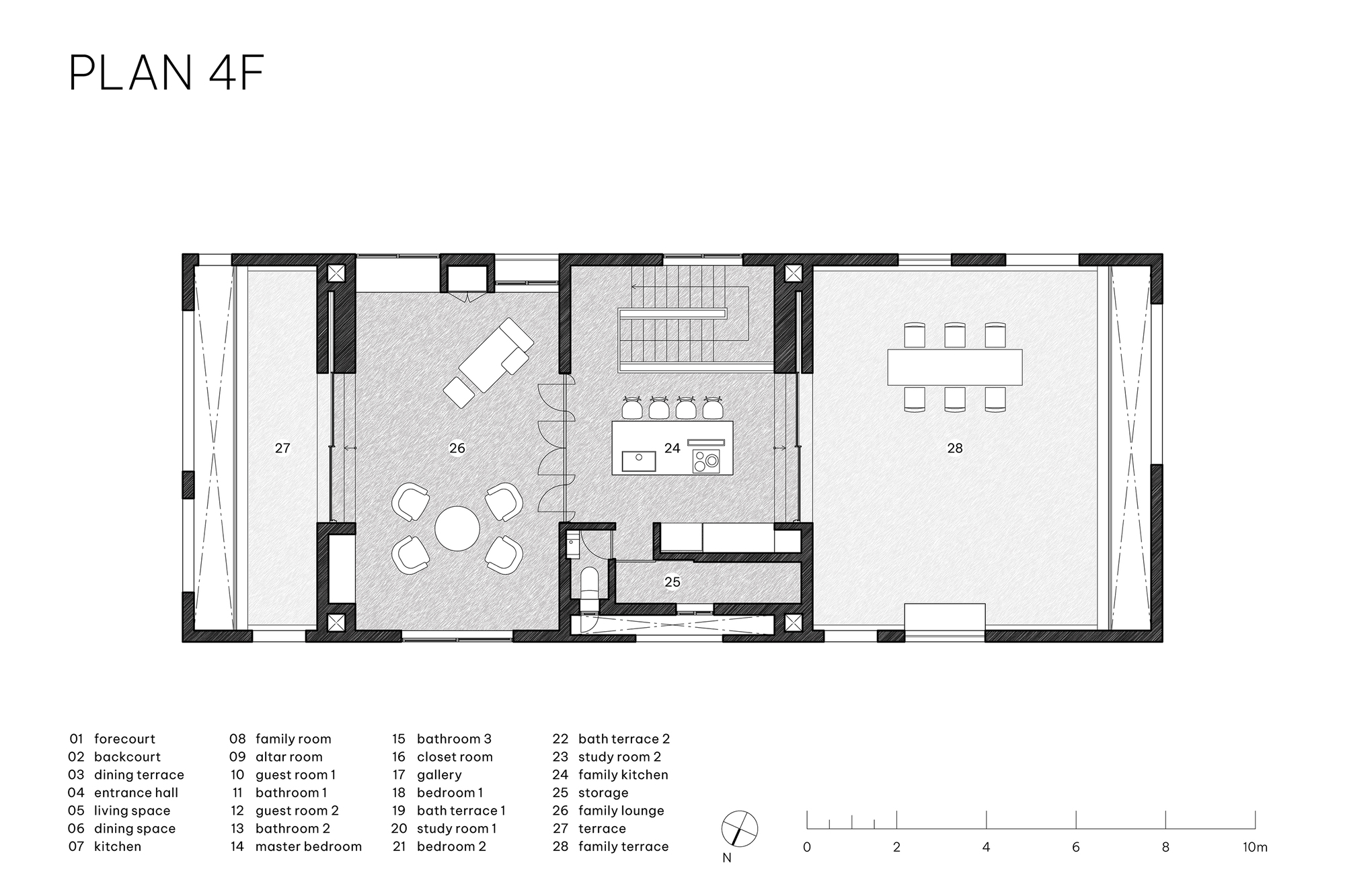 Fourth floor plan drawing showing a family lounge, kitchen island and large dining terrace on either side of the stair