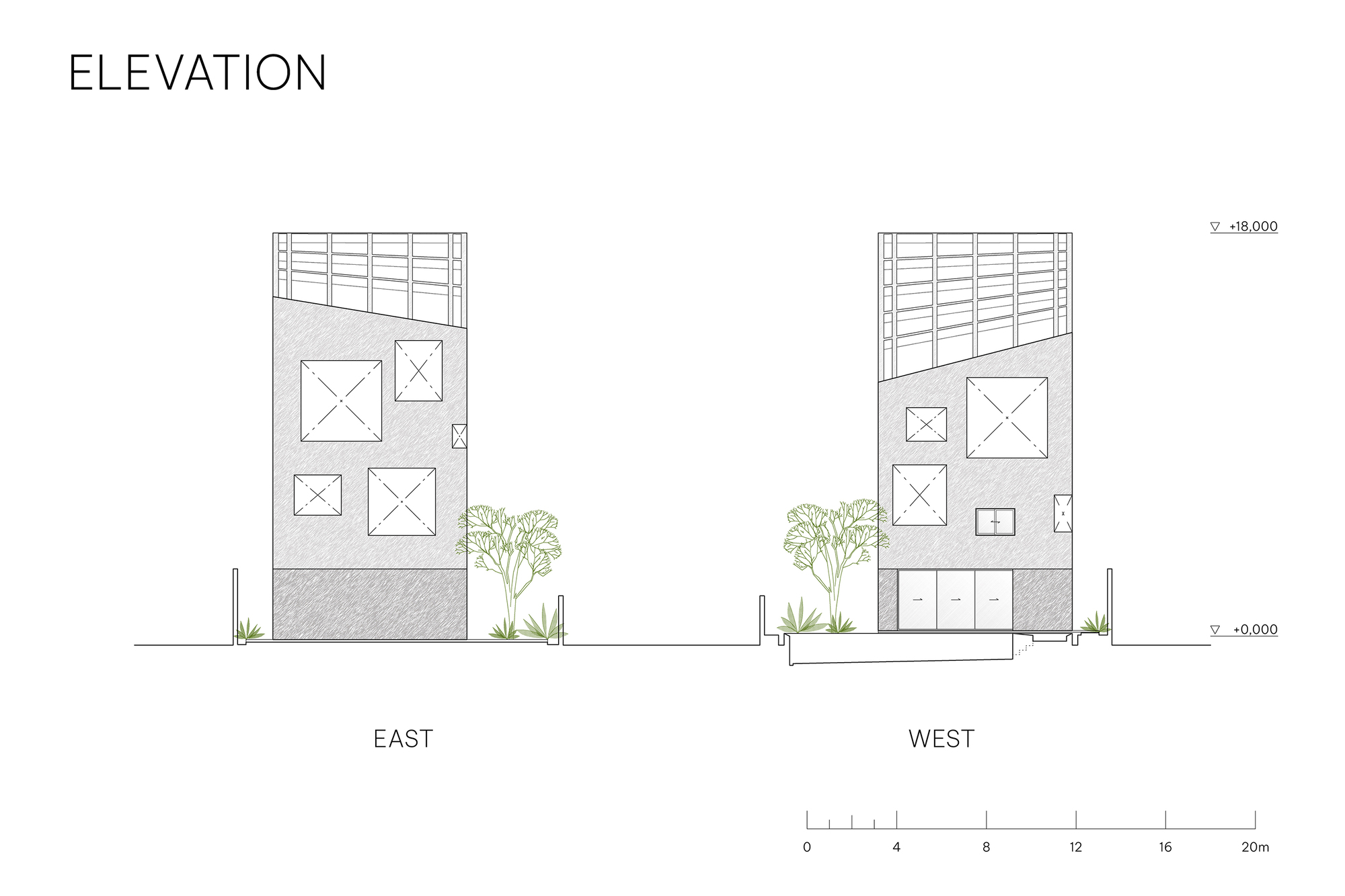 East and west elevation drawings showing scattered square windows on a plain wall under a slatted roof screen, with trees alongside