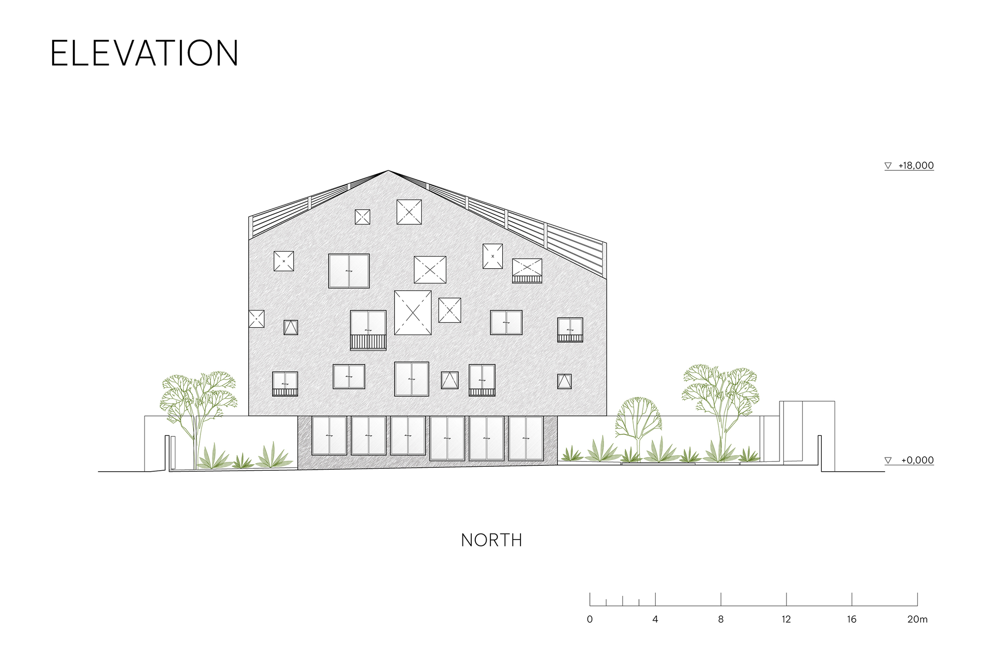 North elevation drawing with randomly placed square and rectangular windows above a glazed ground floor, flanked by low planting and trees