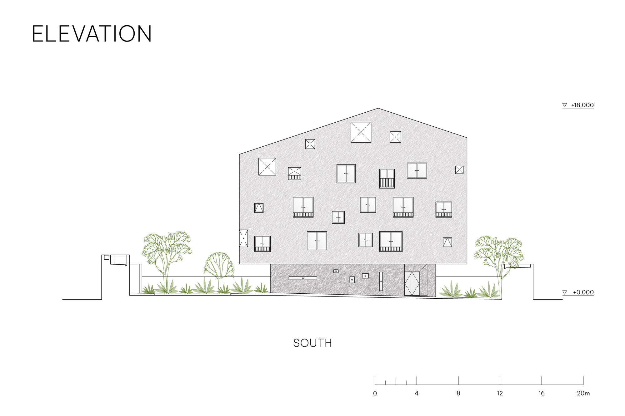 South elevation drawing showing a gabled upper mass with irregular windows lifted over a solid base, with the entrance door and garden planting