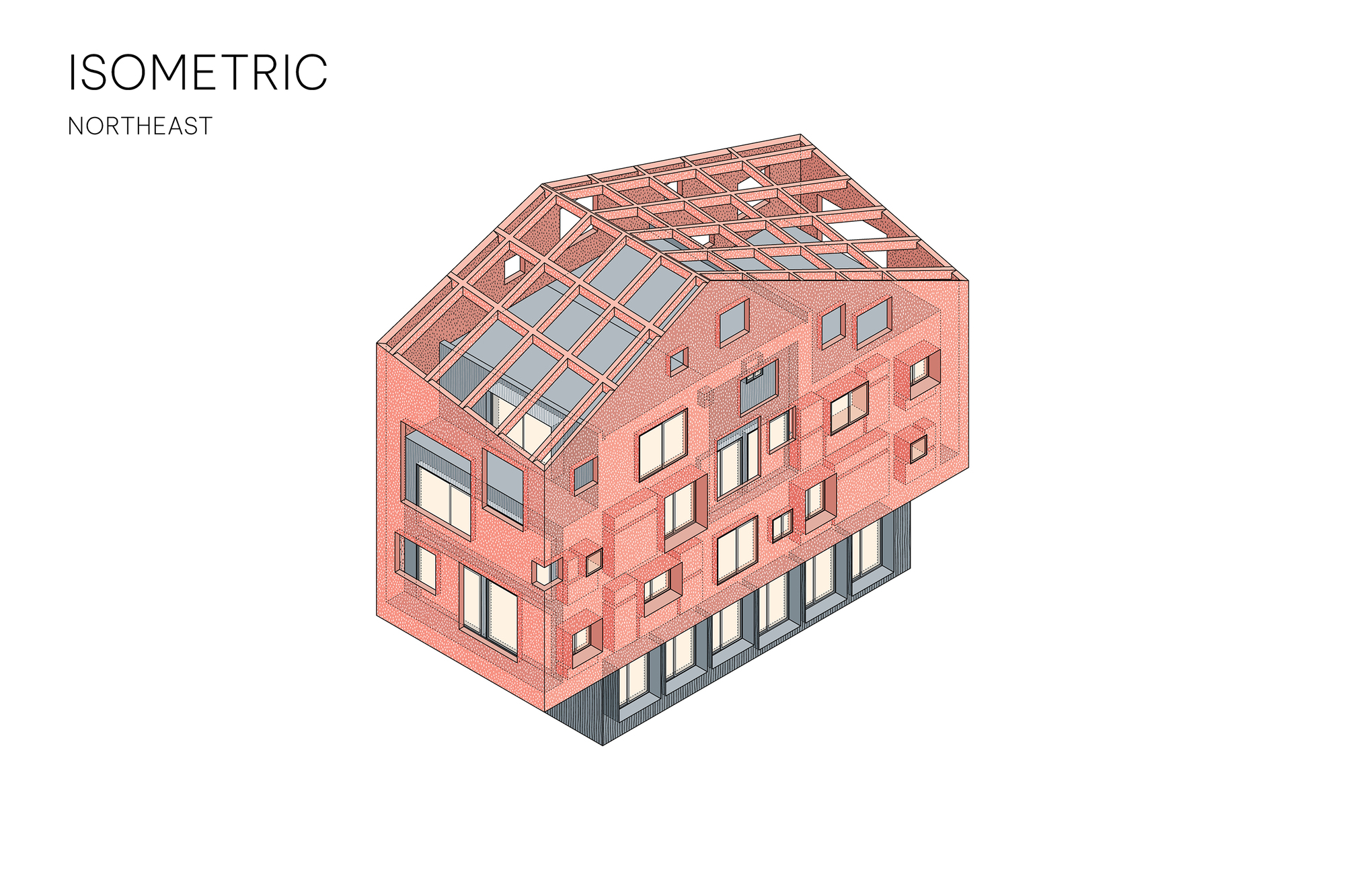 Isometric drawing of the northeast view showing a pink gabled block with a glazed timber-framed roof and scattered window niches