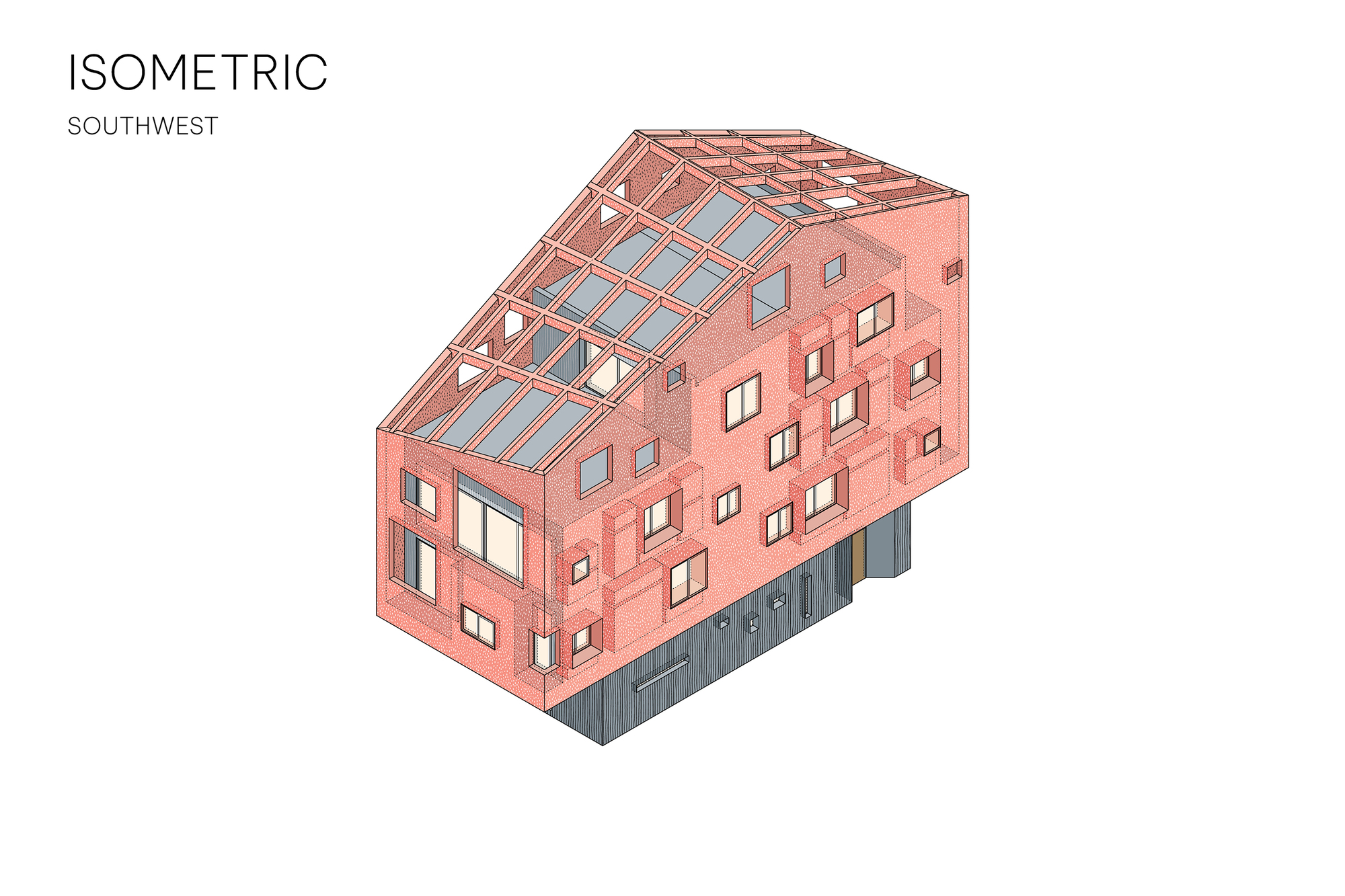 Isometric drawing of the southwest view showing a sloping glazed roof frame above a pink facade with projecting window boxes