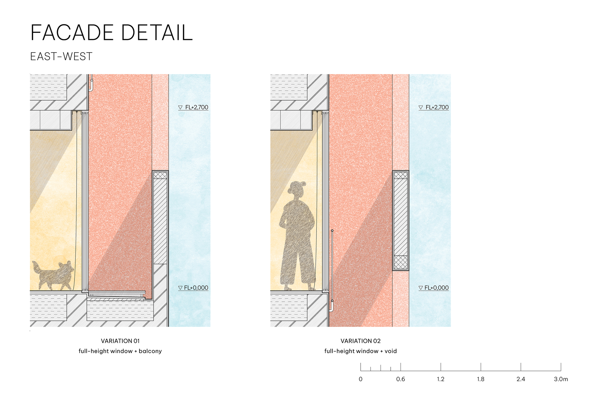 Facade detail section drawing of two full-height window variations, one with a balcony and one with a void, with a dog and a standing figure
