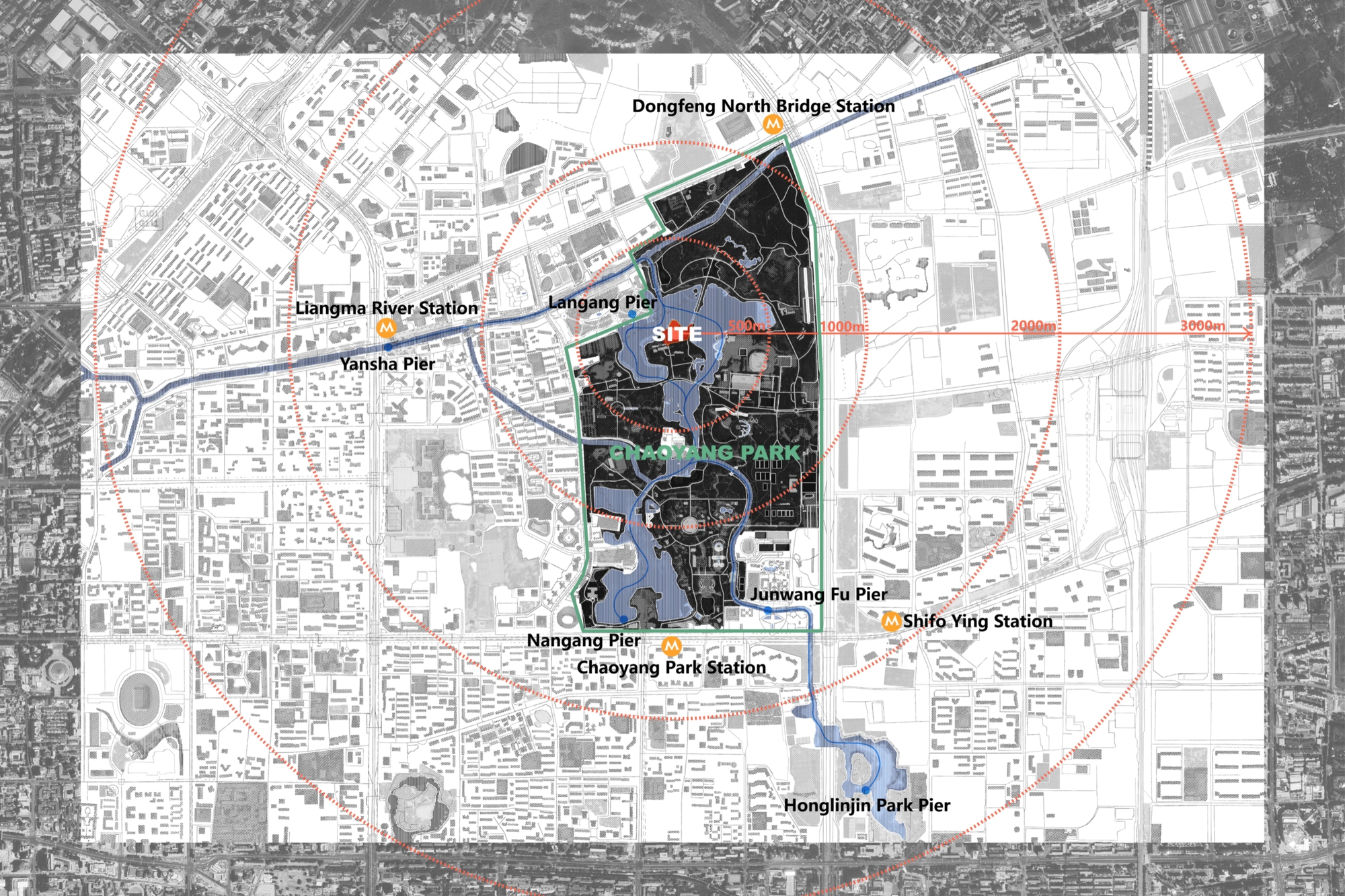Site map drawing of a park with water, metro stations and piers, marked with concentric distance rings