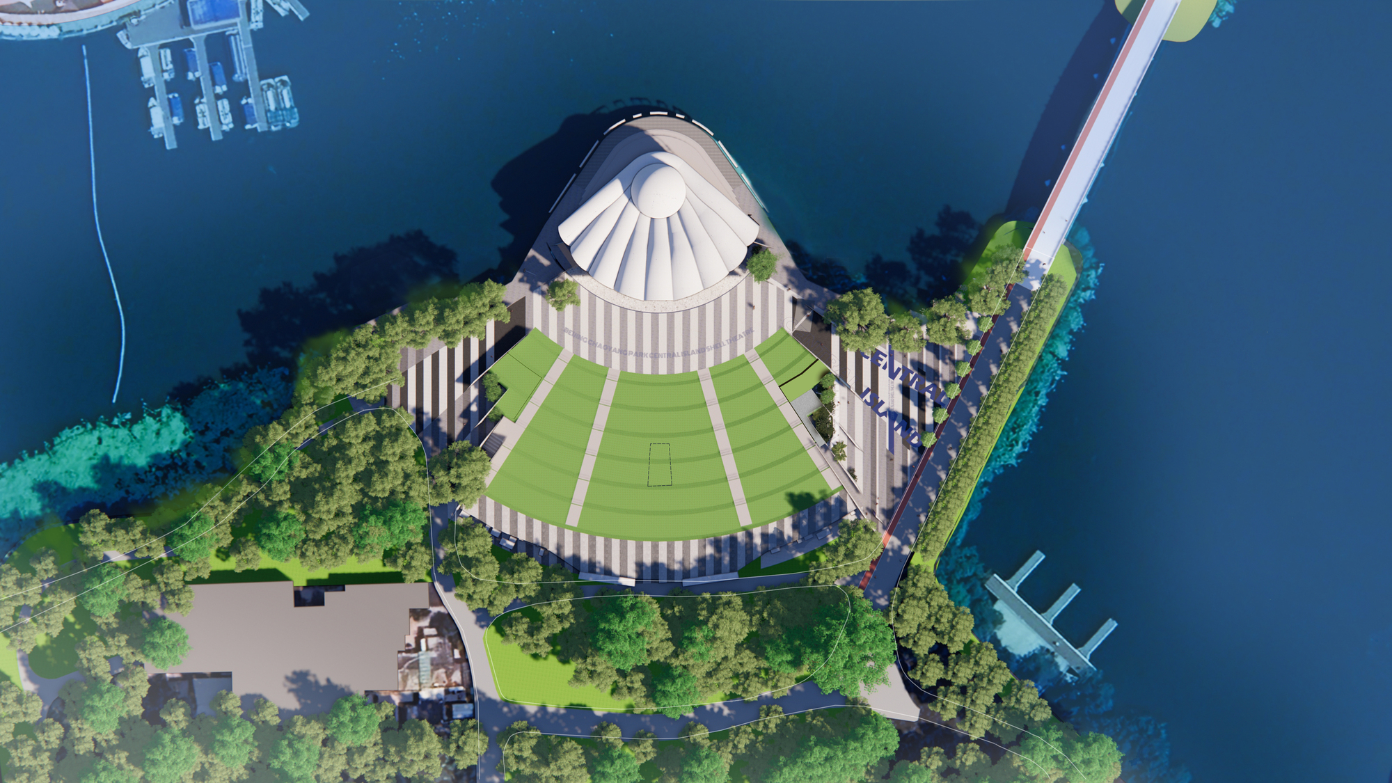 Rendered aerial view of a fan-shaped lawn amphitheatre and white canopy on a small peninsula surrounded by dark water