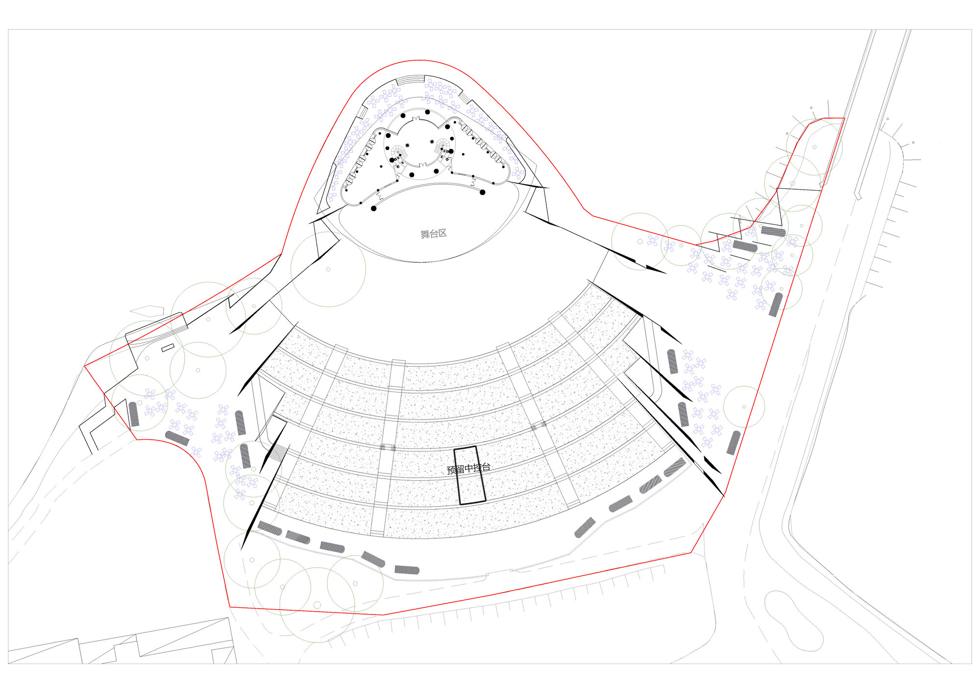Plan drawing of a curved amphitheatre with stage area, tiered seating rows and a red site boundary line
